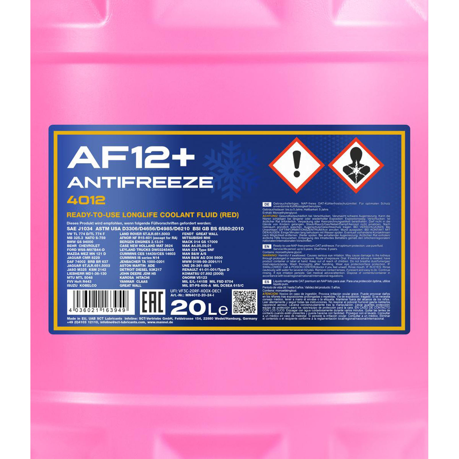 Mannol MN4012-20 Antifreeze G12+ Kühlerfrostschutz 20L Rot AF12+ bis - 4...