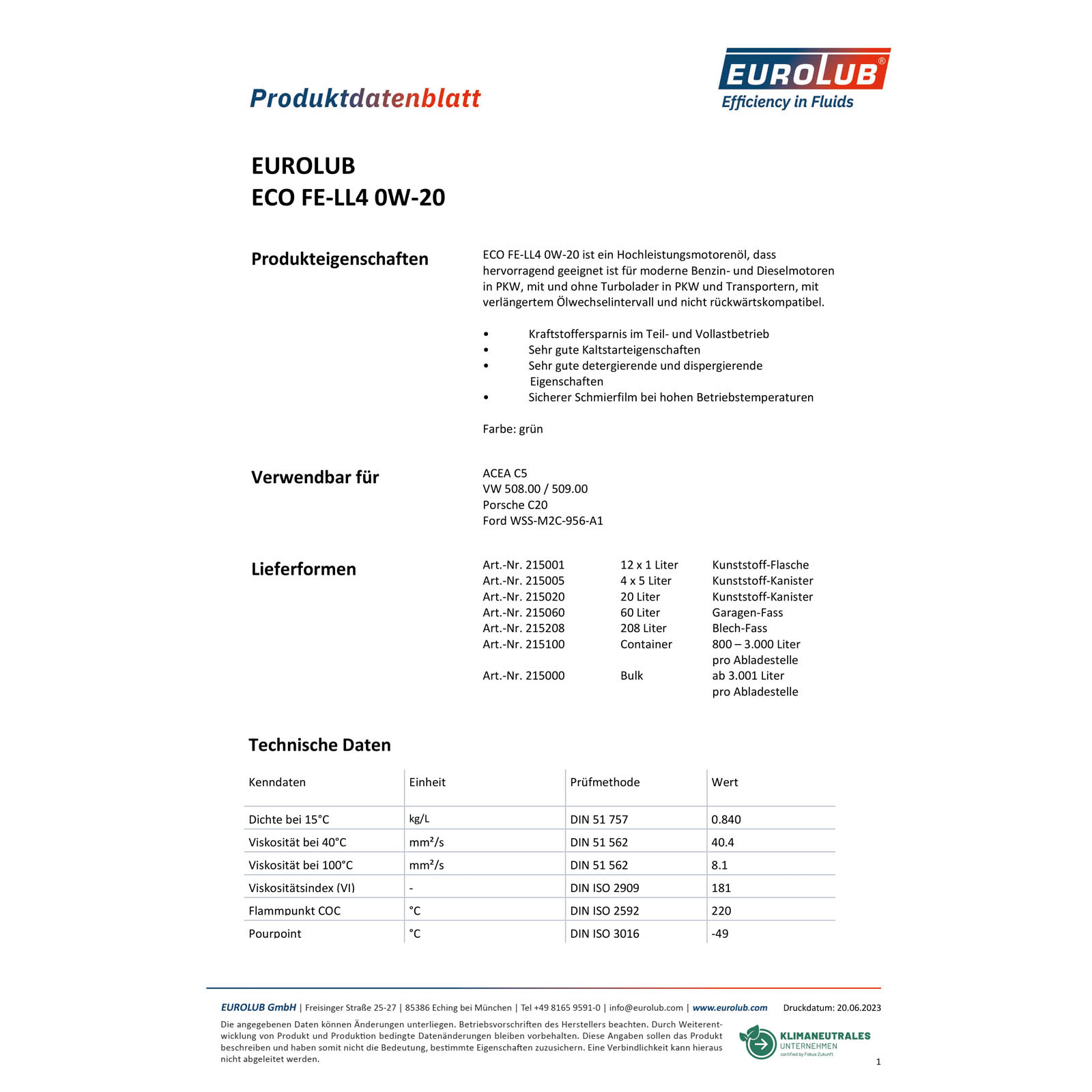 EUROLUB 5 L Liter Motoröl ECO FE LL4 0W-20 Motor-Öl passend fü...