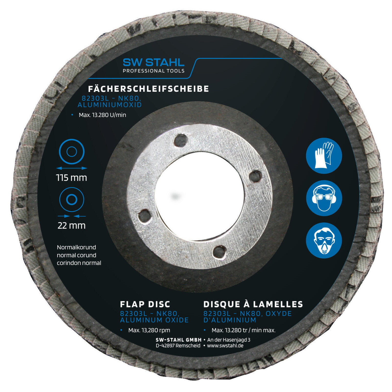 SW-STAHL 82303L Fächerschleifscheibe, Aluminiumoxid, 115 mm, NK80, 10 Stück