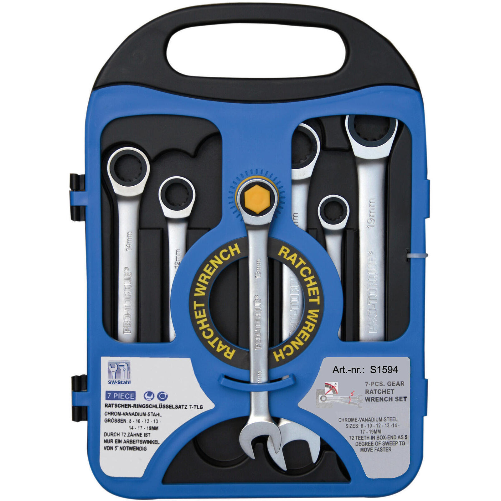 SW-STAHL S1594 Gabelringratschenschlüsselsatz, Multi-Profil, 8-19 mm, 7-...