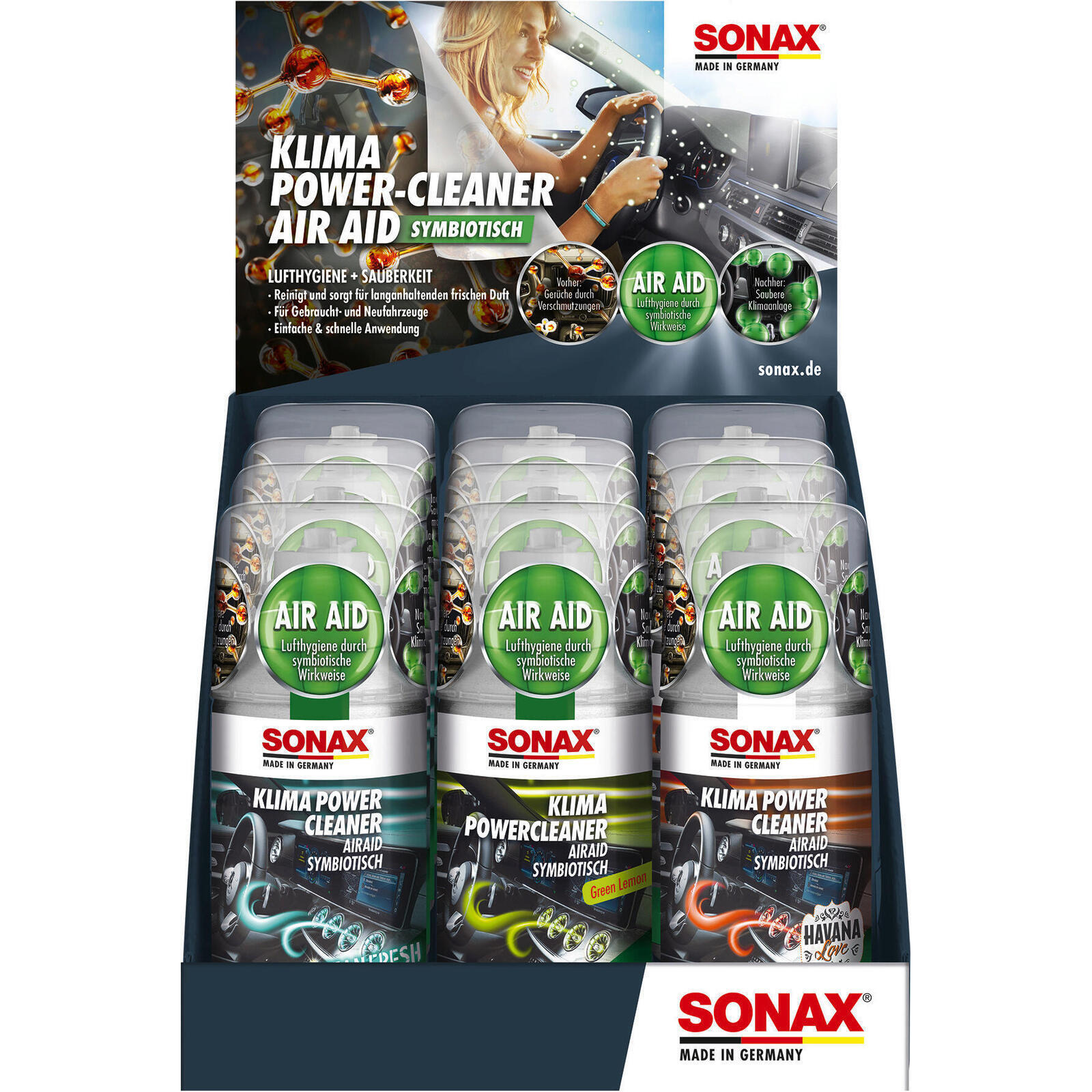 SONAX Klimaanlagenreiniger/-desinfizierer KlimaPowerCleaner AirAid symbiotisch Thekendisplay gemischt