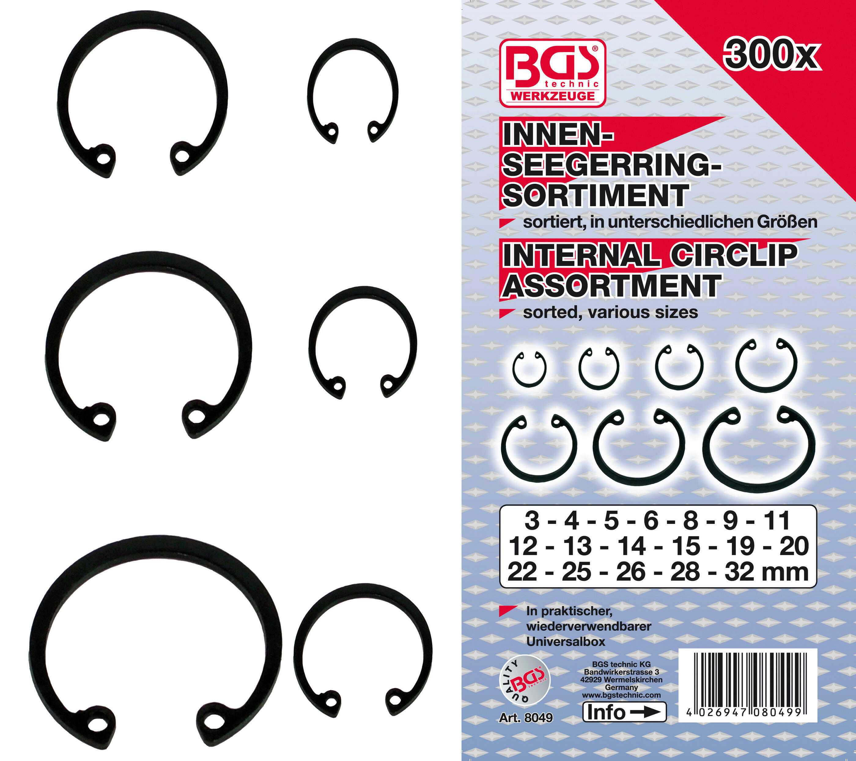 Innen-Seegerring-Sortiment (Sprengringe) | Ø 3 - 32 mm | 300-tlg.