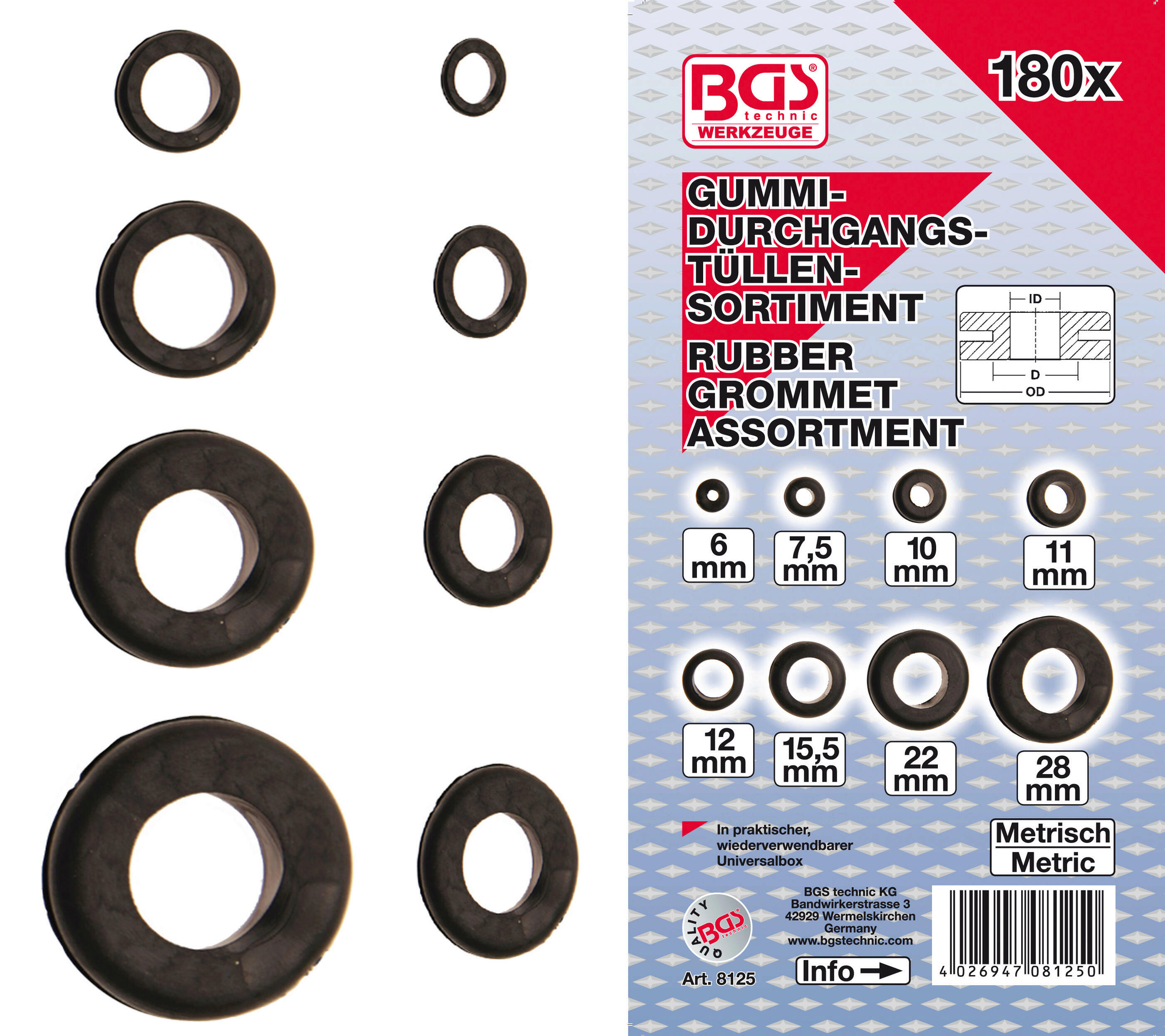 Gummi-Durchgangstüllen-Sortiment | metrisch | 180-tlg.