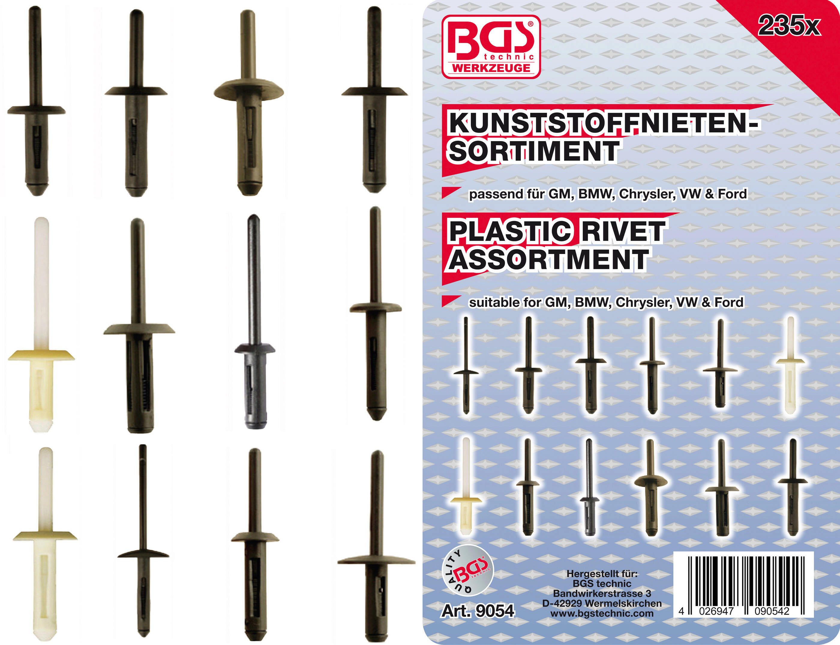 Kunststoffnieten-Sortiment | für GM, BMW, Chrysler, VW, Ford | 235-tlg.