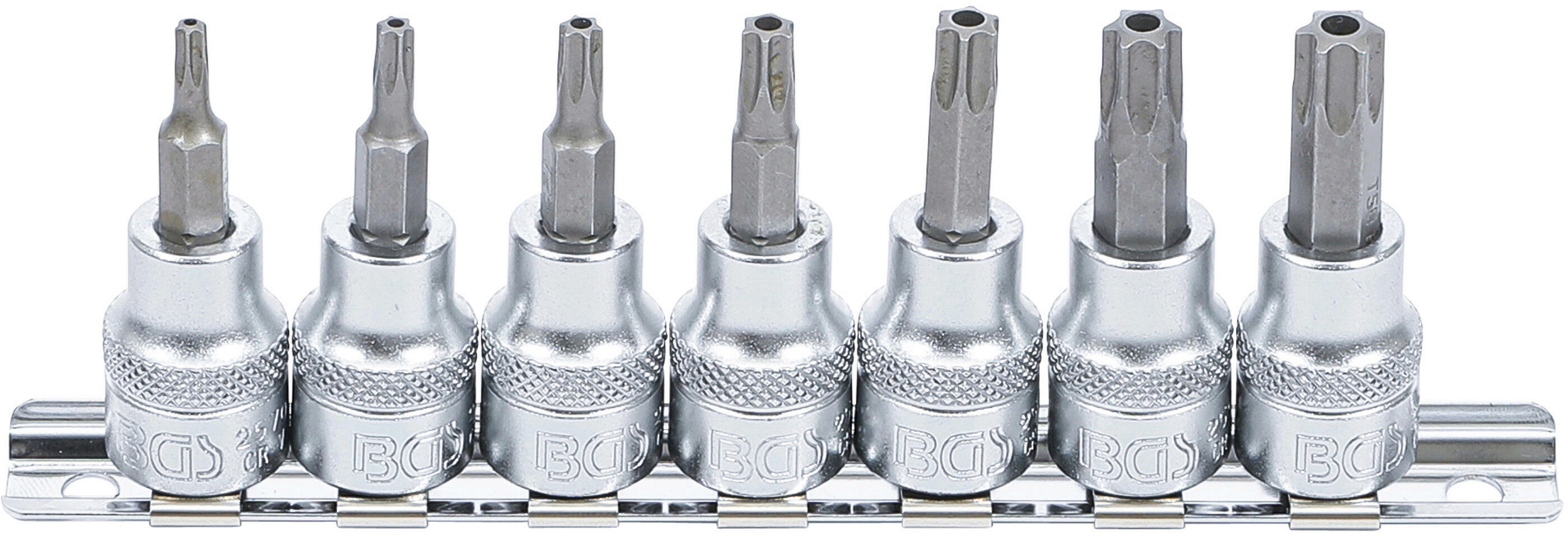Bit-Einsatz-Satz | Antrieb Innenvierkant 10 mm (3/8") | T-Profil (für Torx) mit Bohrung T15 - T50 | 7-tlg.
