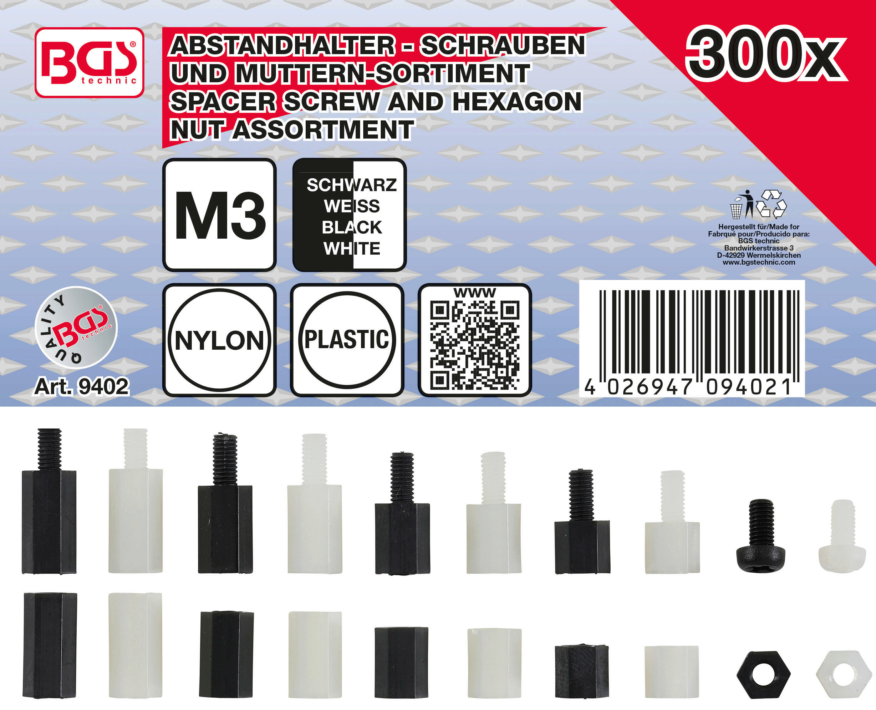 Abstandhalter-Schrauben und Sechskant-Muttern-Sortiment | Nylon | 300-tlg.