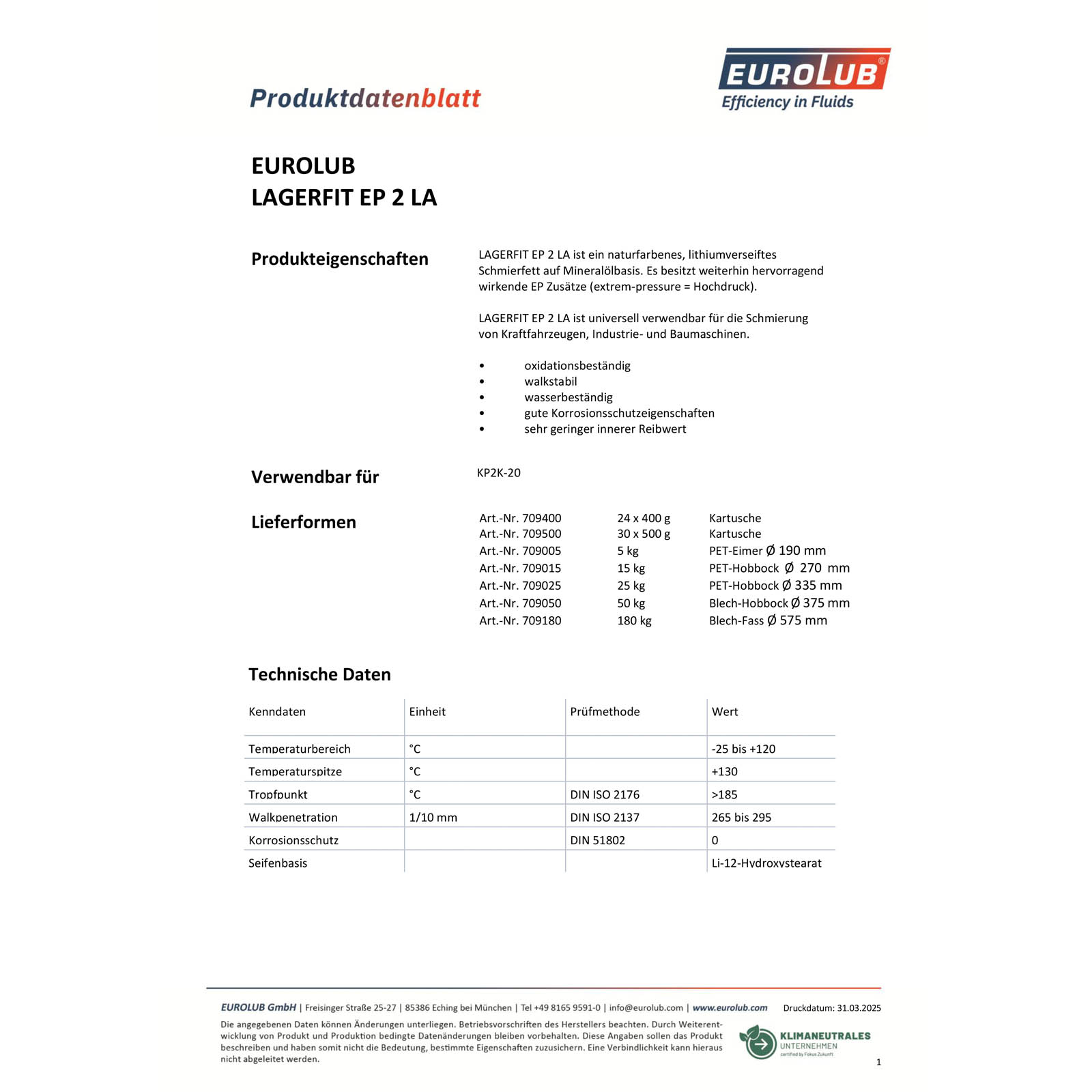 EUROLUB Fett LAGERFIT EP 2 LA 25kg
