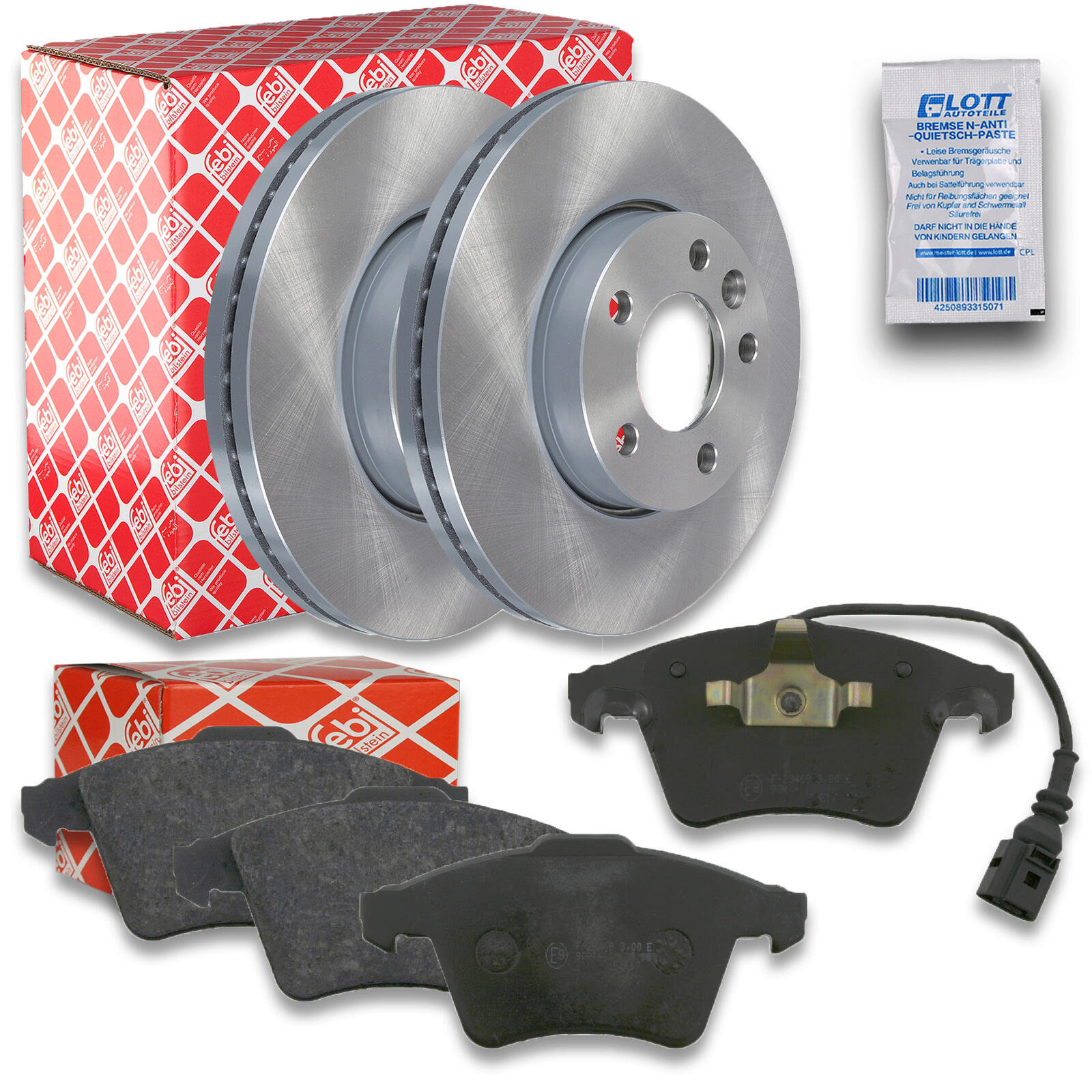 2x FEBI Bremsscheibe Ø308mm + Beläge vorne passend für VW T5 7HA, 7HH, 7EA, 7EH
