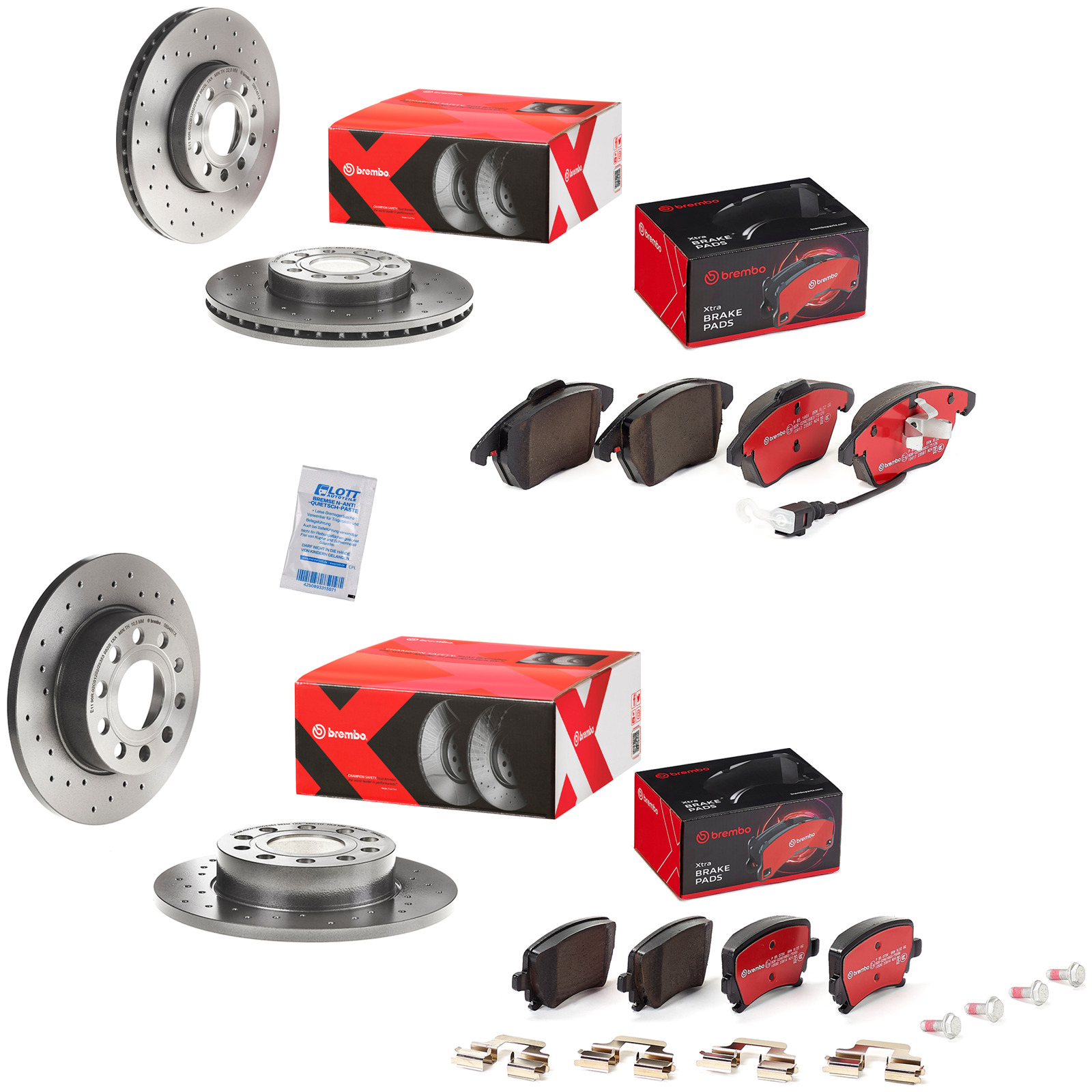 Brembo Xtra Line Bremsscheiben + Bremsbel&auml;ge Vorne Hinten passend f&uuml;r VW Golf