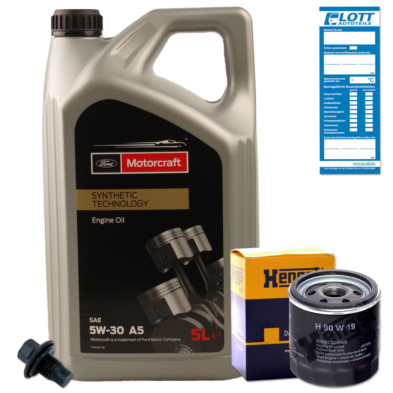 Ölwechsel Set 5L 5W-30 Ford Motoröl + Hengst Ölfilter + Ablassschraube