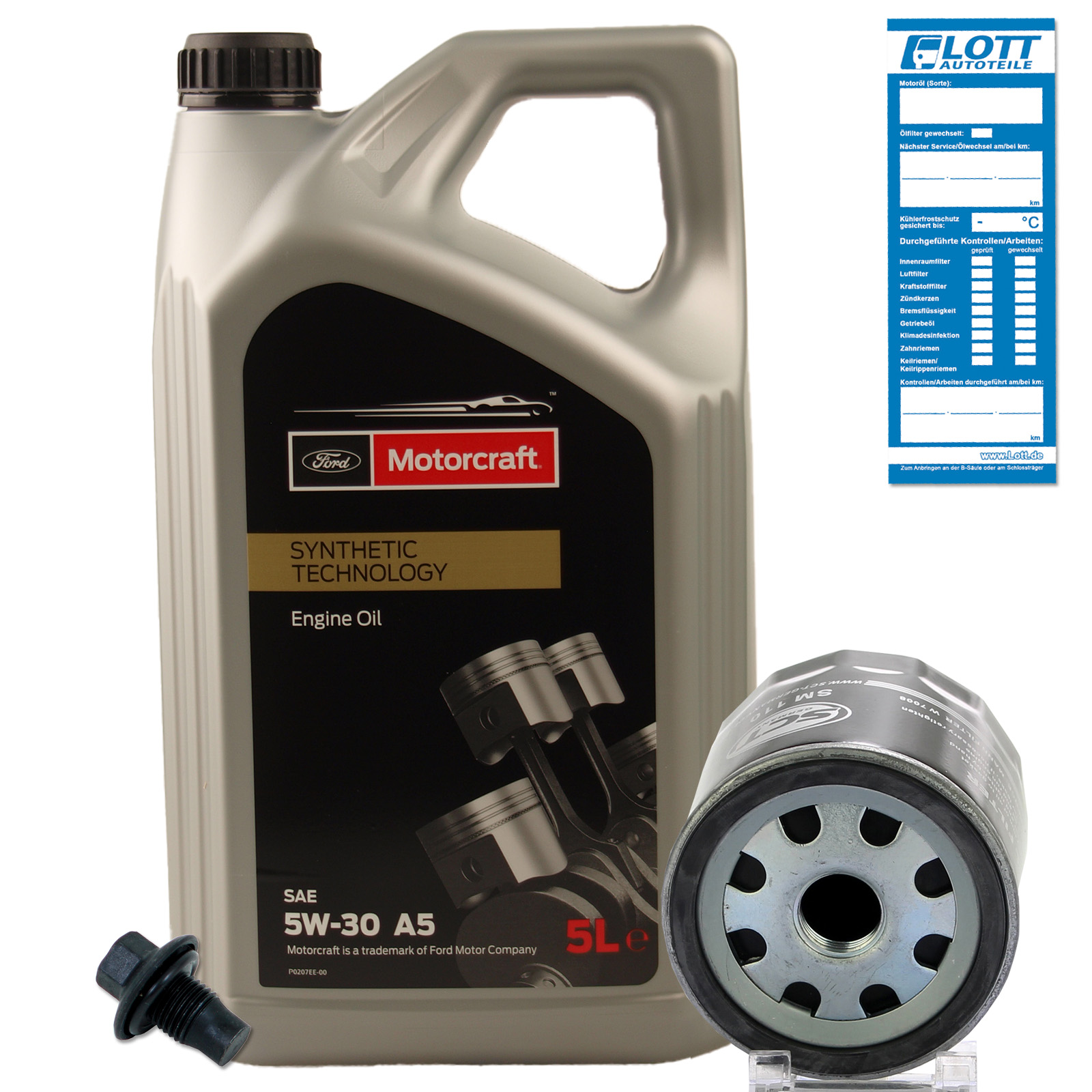Ölfilter + 5L Original Ford Motorcraft 5W-30 Motoröl + Ablassschraube passend für FORD WSS-M2C913