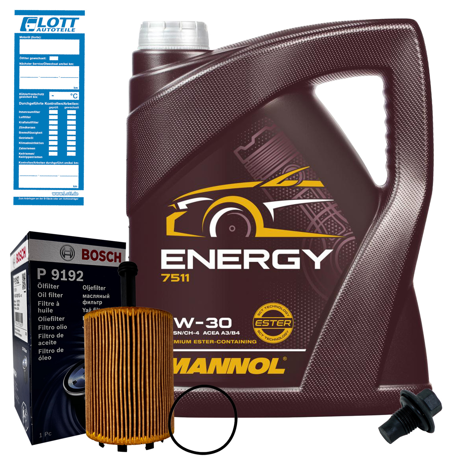 BOSCH Ölfilter + 5L Mannol Energy 5W-30 Motoröl + Schraube passend für Audi A3 Seat Skoda VW Golf 4 5 6 TDI