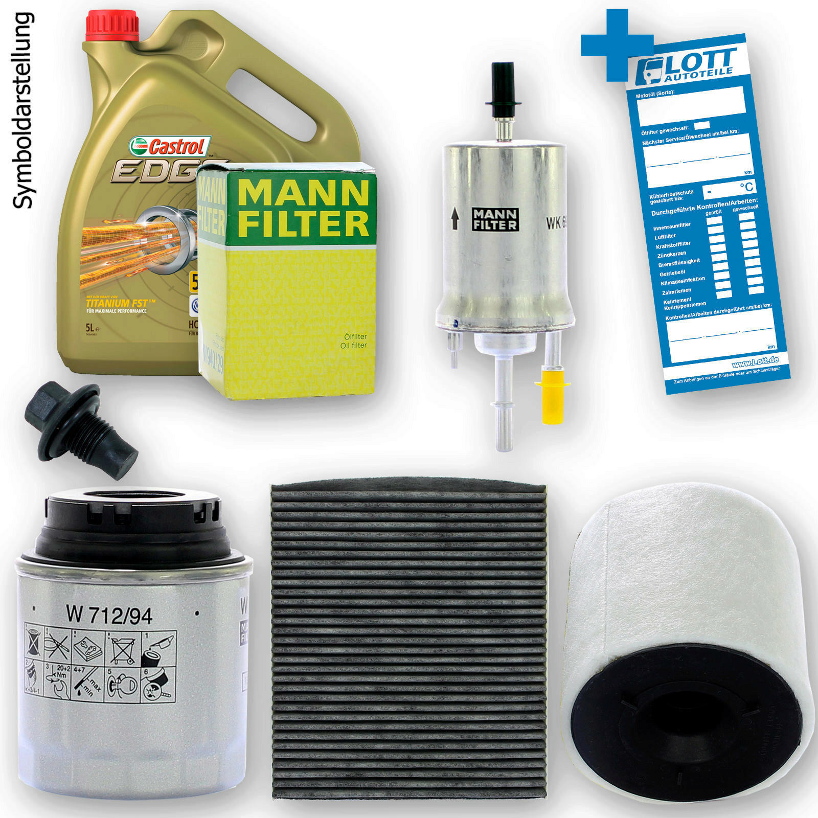 Castrol Motoröl + Ölfilter + Luftfilter + Innenraumfilter + Kraftstofffilter + Ablassschraube