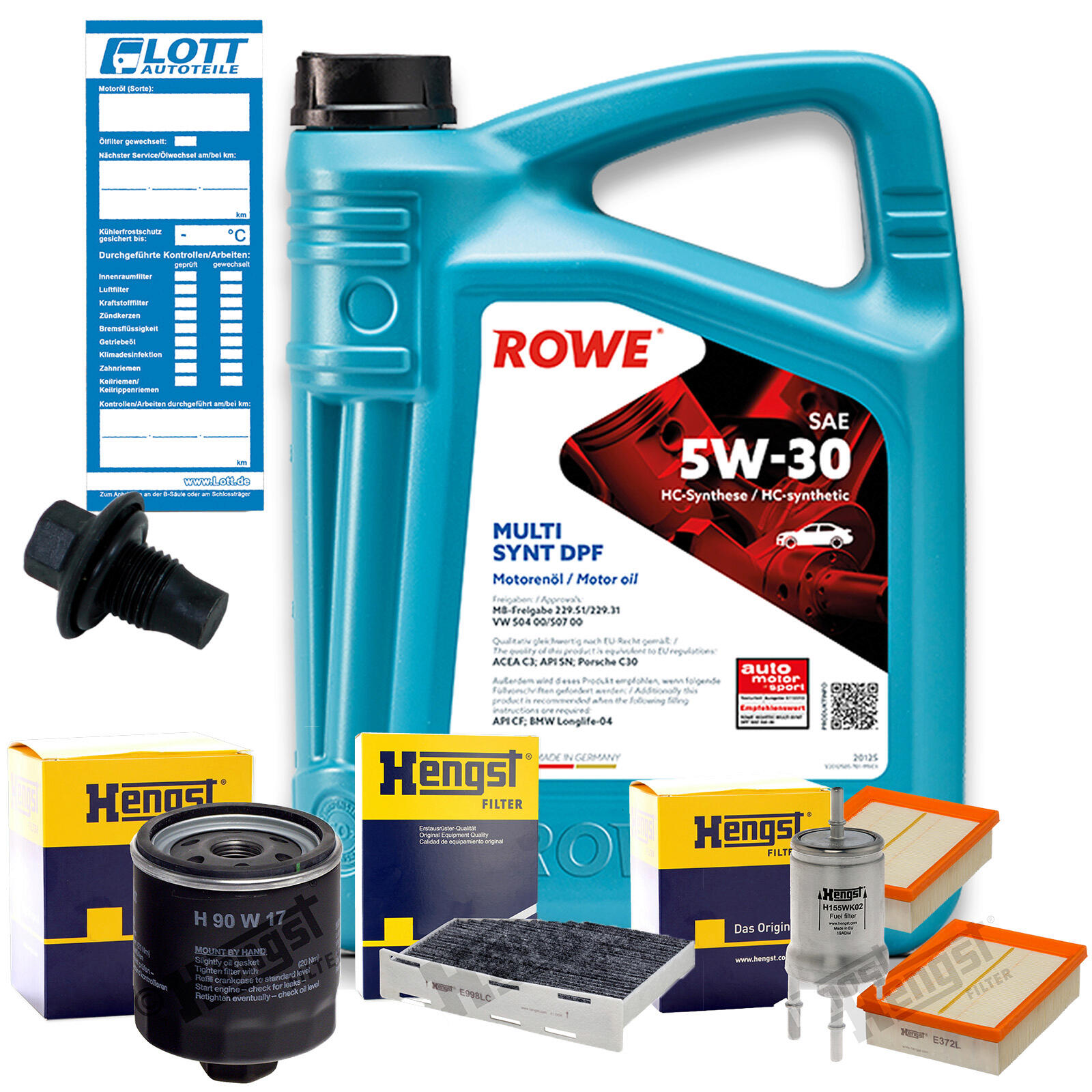 Rowe Motoröl + Ölfilter + Luftfilter + Innenraumfilter + Kraftstofffilter + Ablassschraube