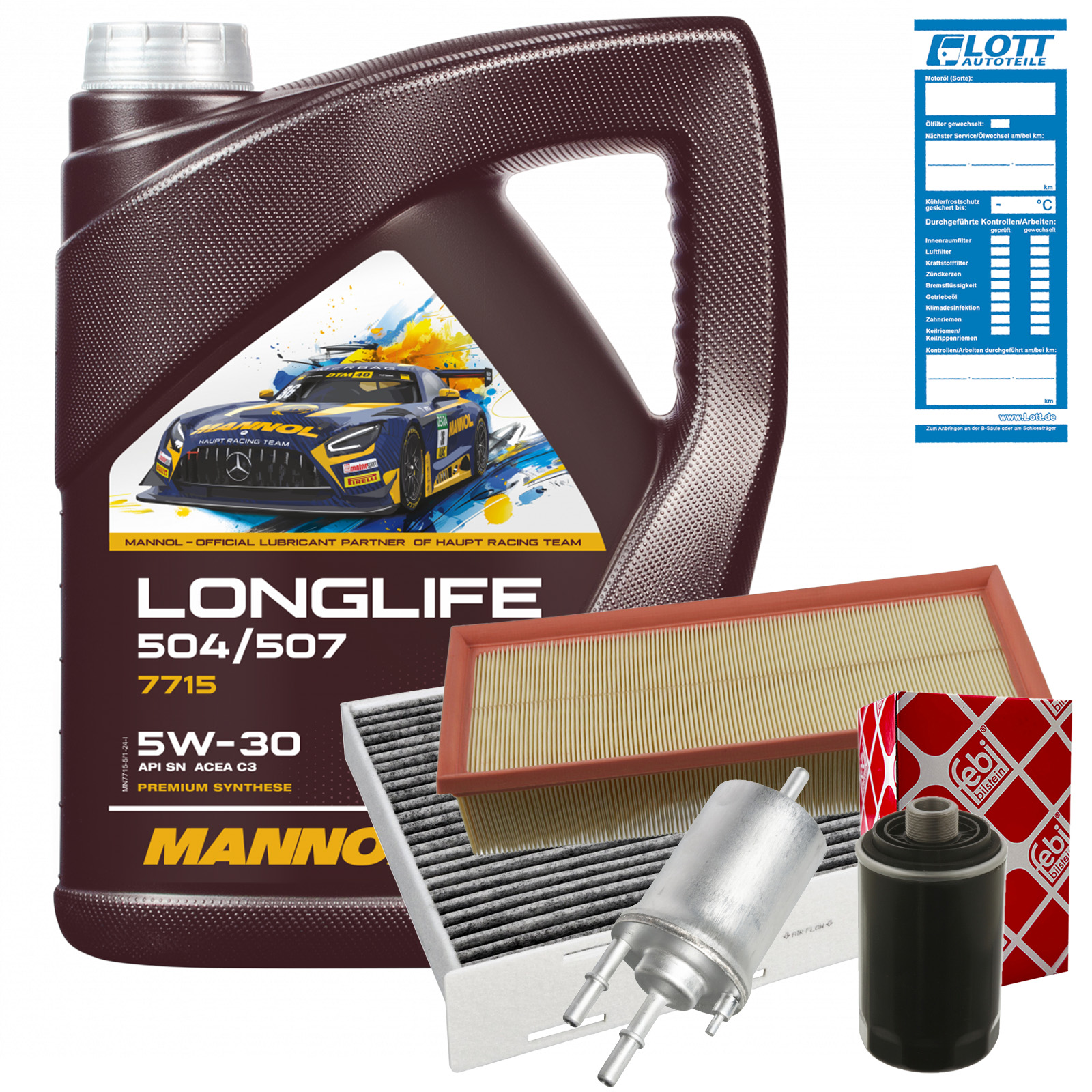 FEBI Ölfilter + Luftfilter + Innenraumfilter + Kraftstofffilter + 5L Mannol Longlife 5W-30 Motoröl passend für VAG 504.00 507.00