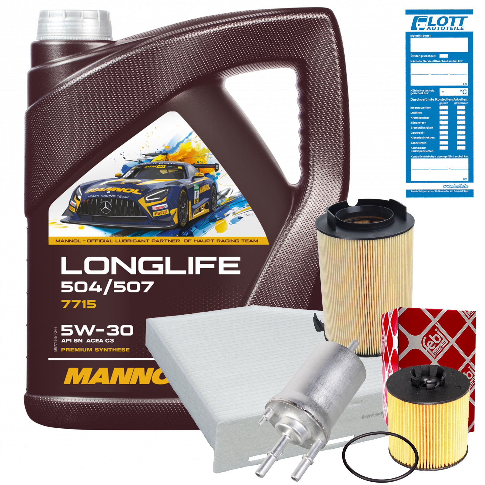 FEBI Ölfilter + Luftfilter + Innenraumfilter + Kraftstofffilter + 5L Mannol Longlife 5W-30 Motoröl passend für VAG 504.00 507.00
