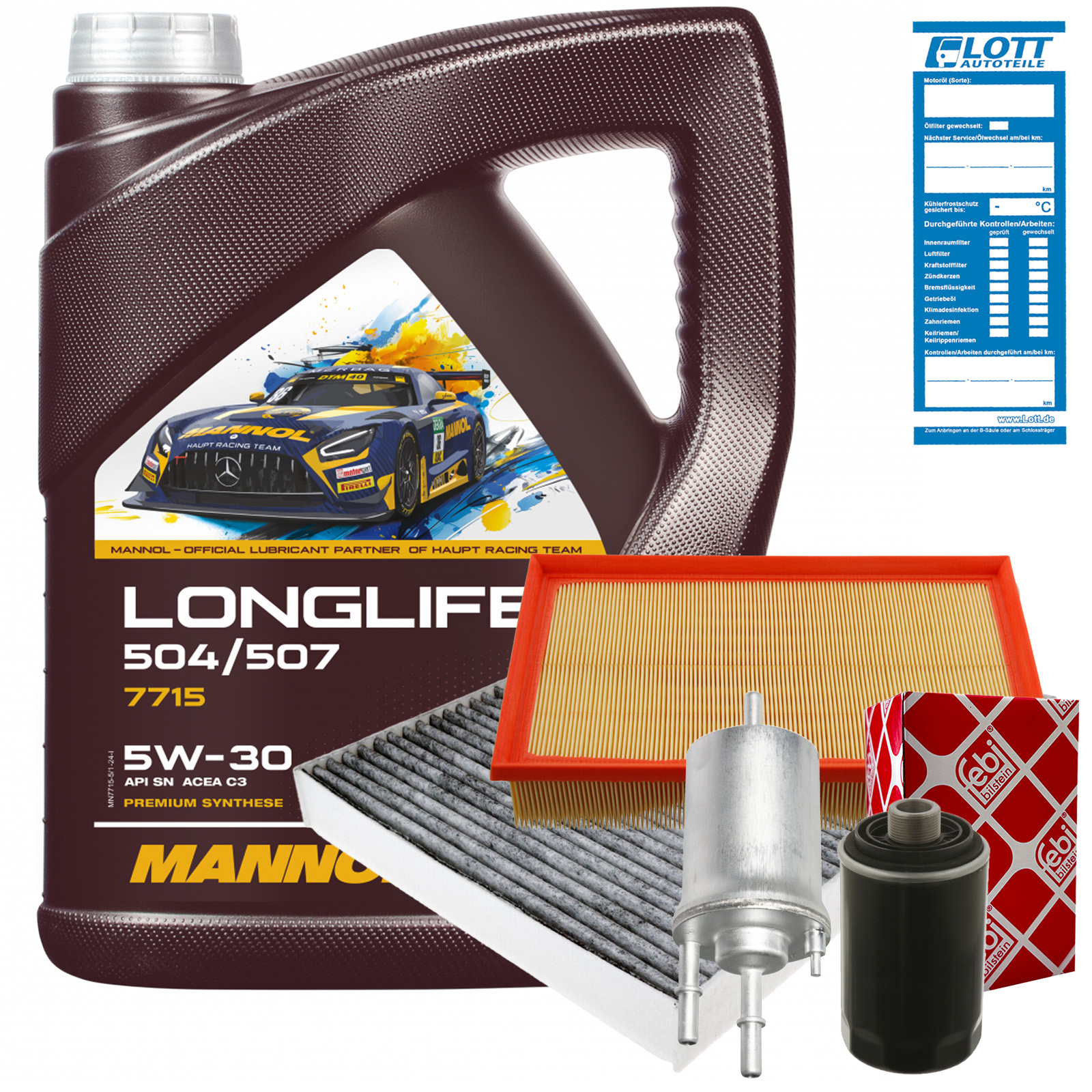 FEBI Ölfilter + Luftfilter + Innenraumfilter + Kraftstofffilter + 5L Mannol Longlife 5W-30 Motoröl passend für VAG 504.00 507.00
