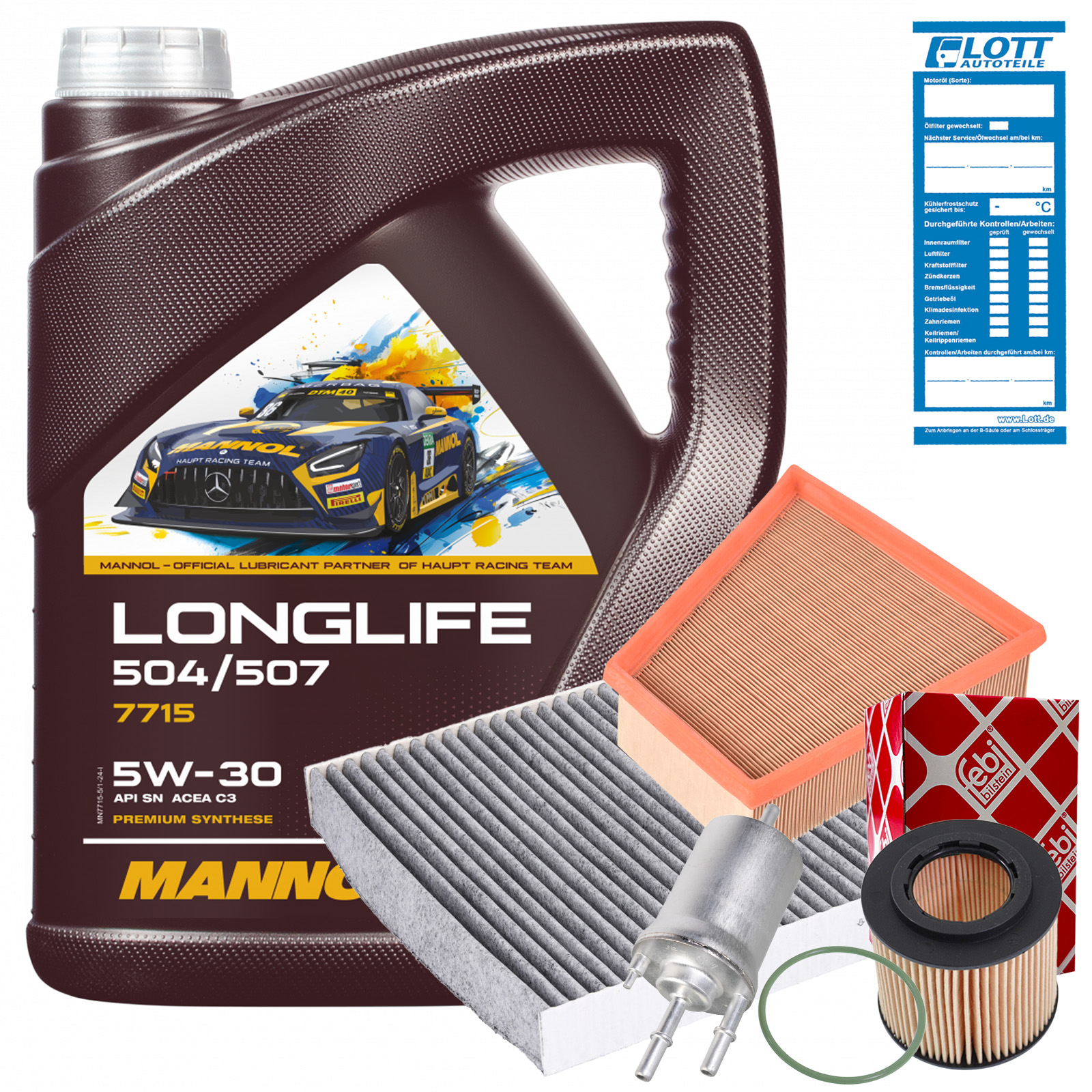 FEBI Ölfilter + Luftfilter + Innenraumfilter + Kraftstofffilter + 5L Mannol Longlife 5W-30 Motoröl passend für VAG 504.00 507.00