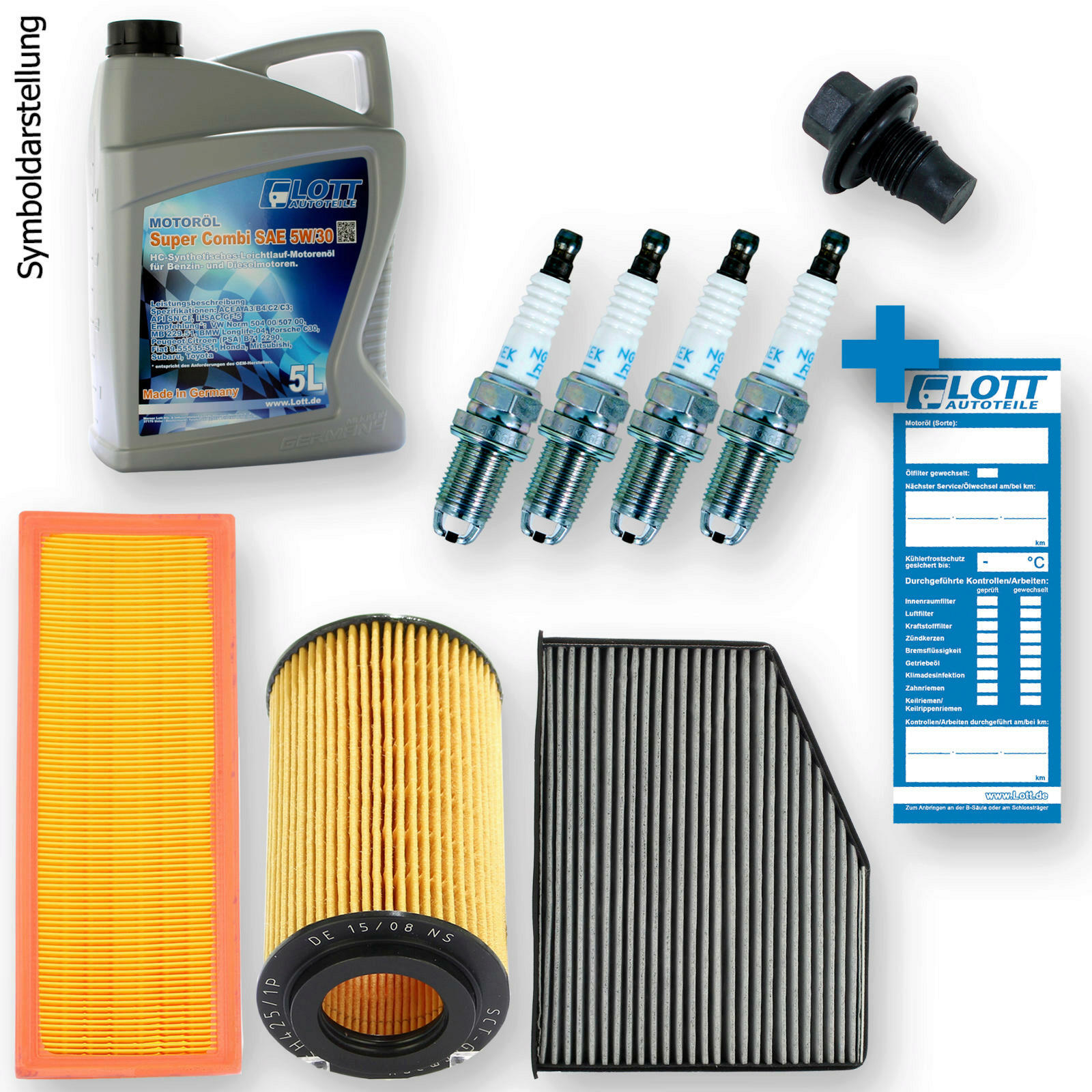 Motoröl + Ölfilter + Luftfilter + Innenraumfilter + Ablassschraube + Zündkerzen