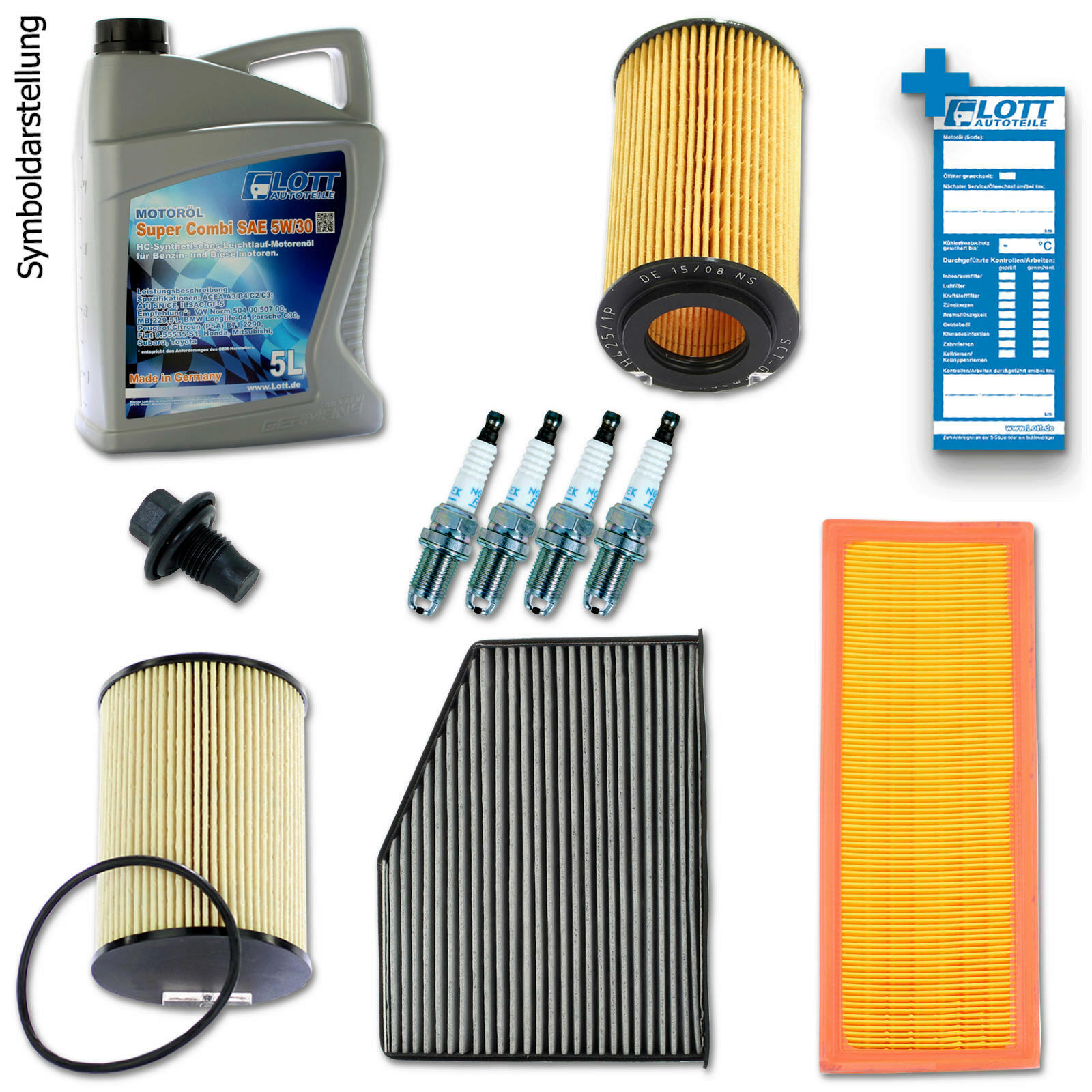 5L Lott Motoröl + Ölfilter + Luftfilter + Innenraumfilter + Kraftstofffilter + Schraube + Zündkerzen