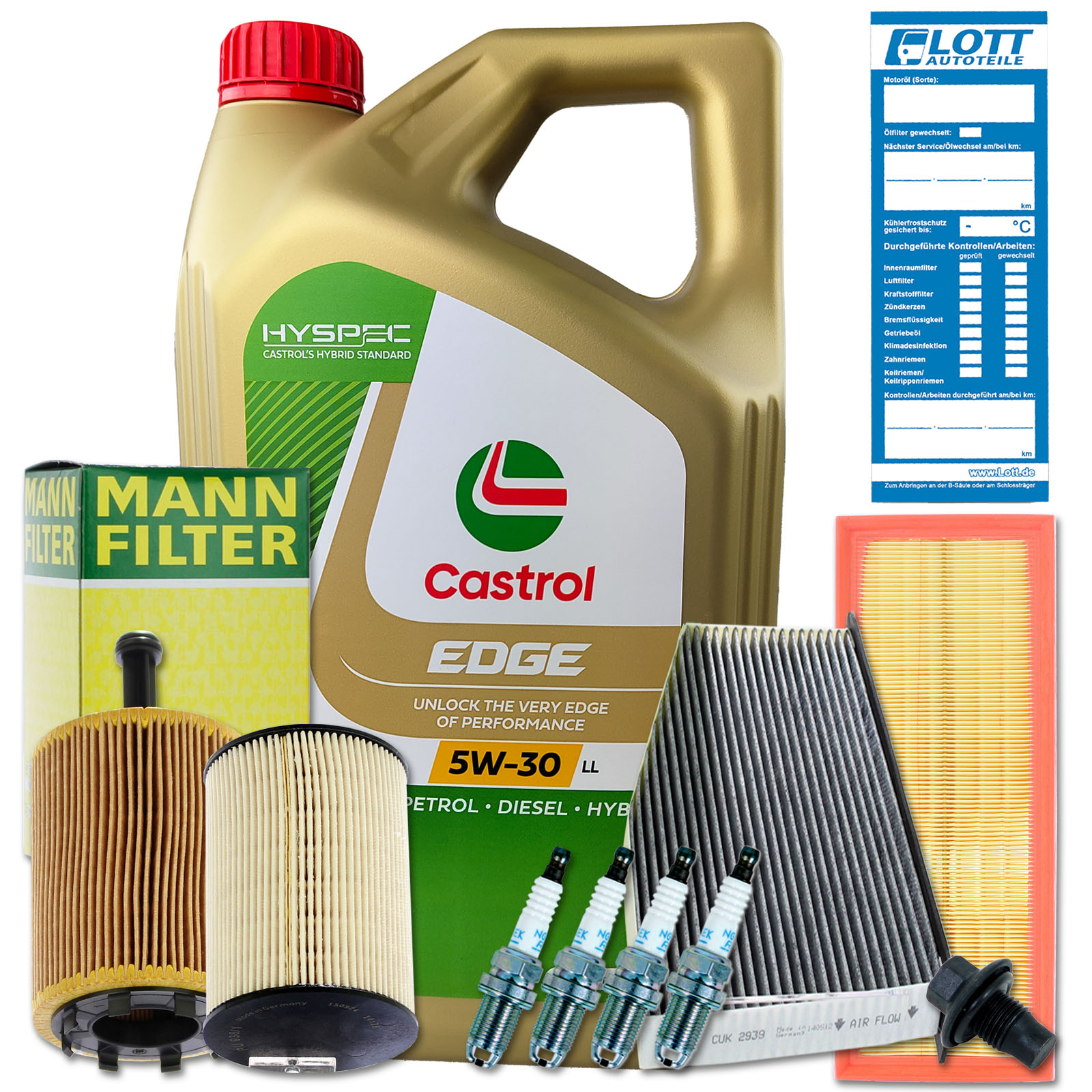 5L Castrol Motoröl + Ölfilter + Luftfilter + Innenraumfilter + Kraftstofffilter + Schraube + Zündkerzen