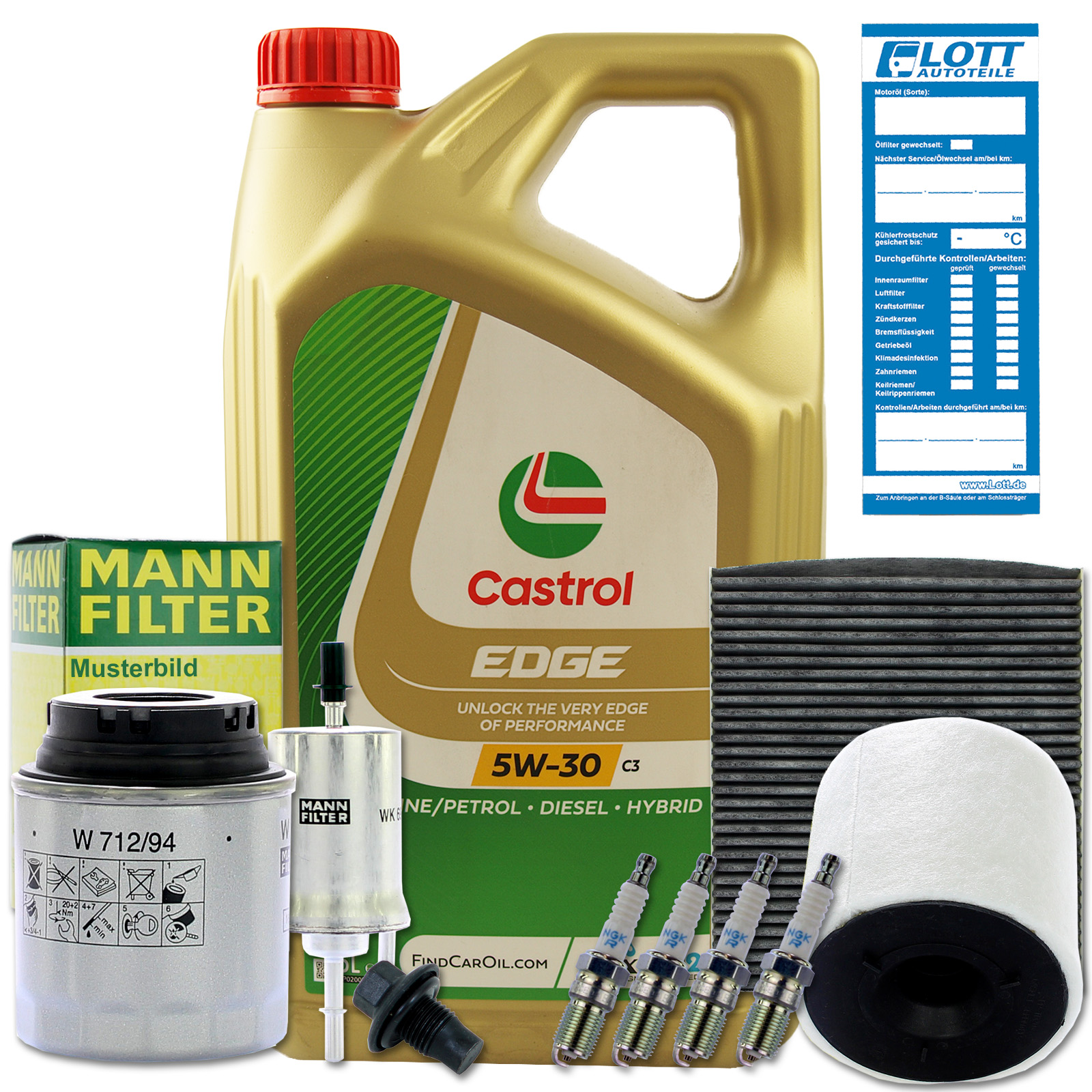 5L Castrol Motoröl + Ölfilter + Luftfilter + Innenraumfilter + Kraftstofffilter + Schraube + Zündkerzen