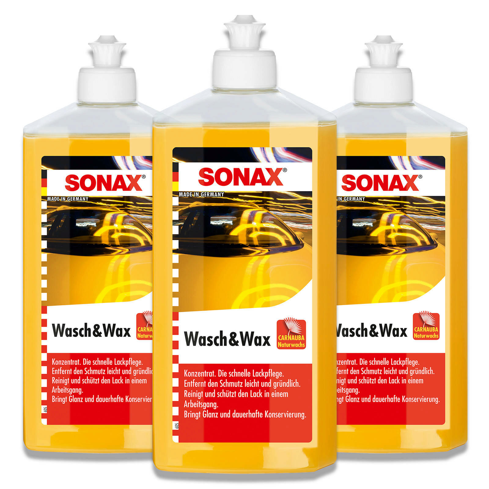 3x SONAX 03132000 Wasch & Wax Carnauba Wachs Autoshampoo Autowäsche 500 ml