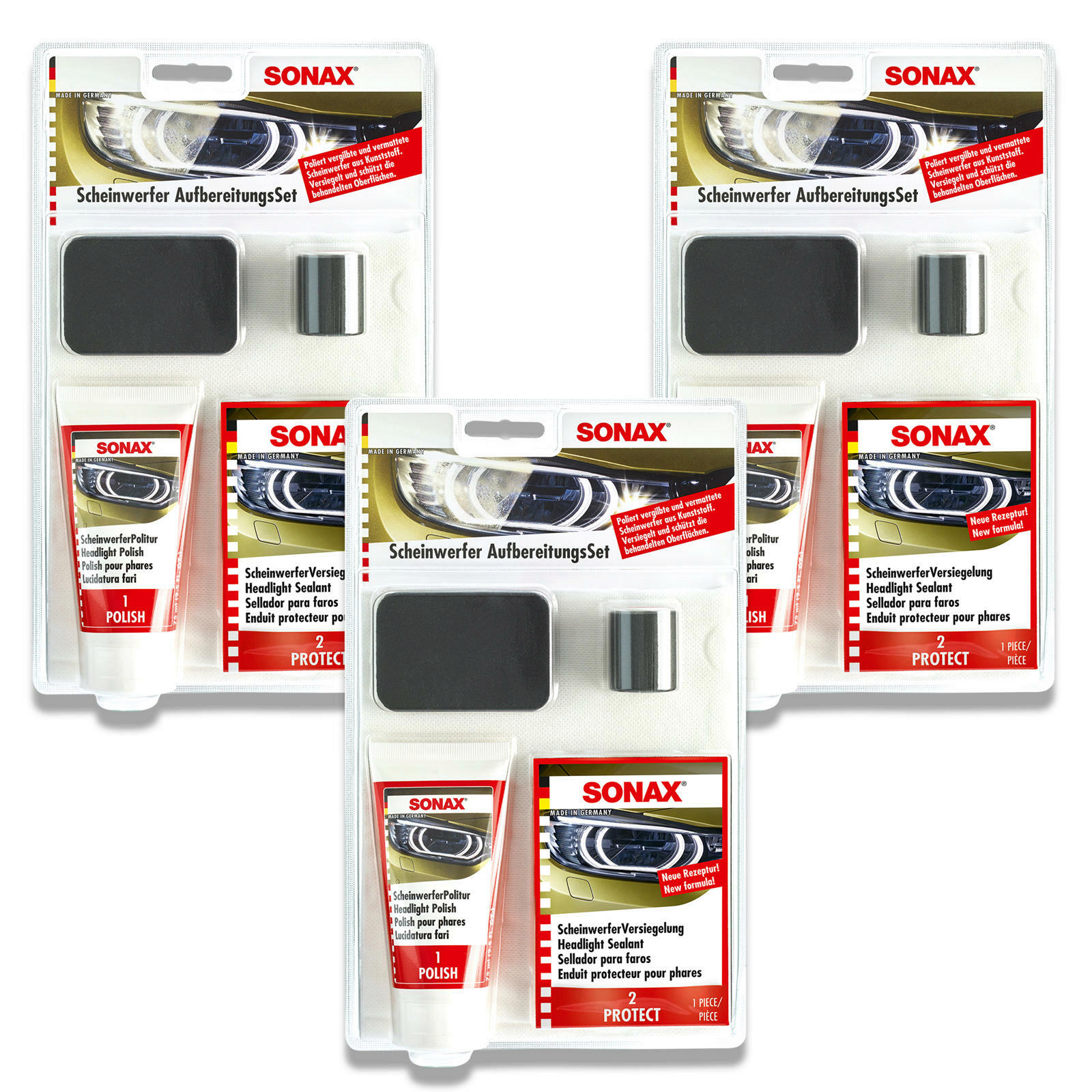 3x SONAX 04059410 Scheinwerfer Aufbereitungs Set Politur Versiegelung 89ml