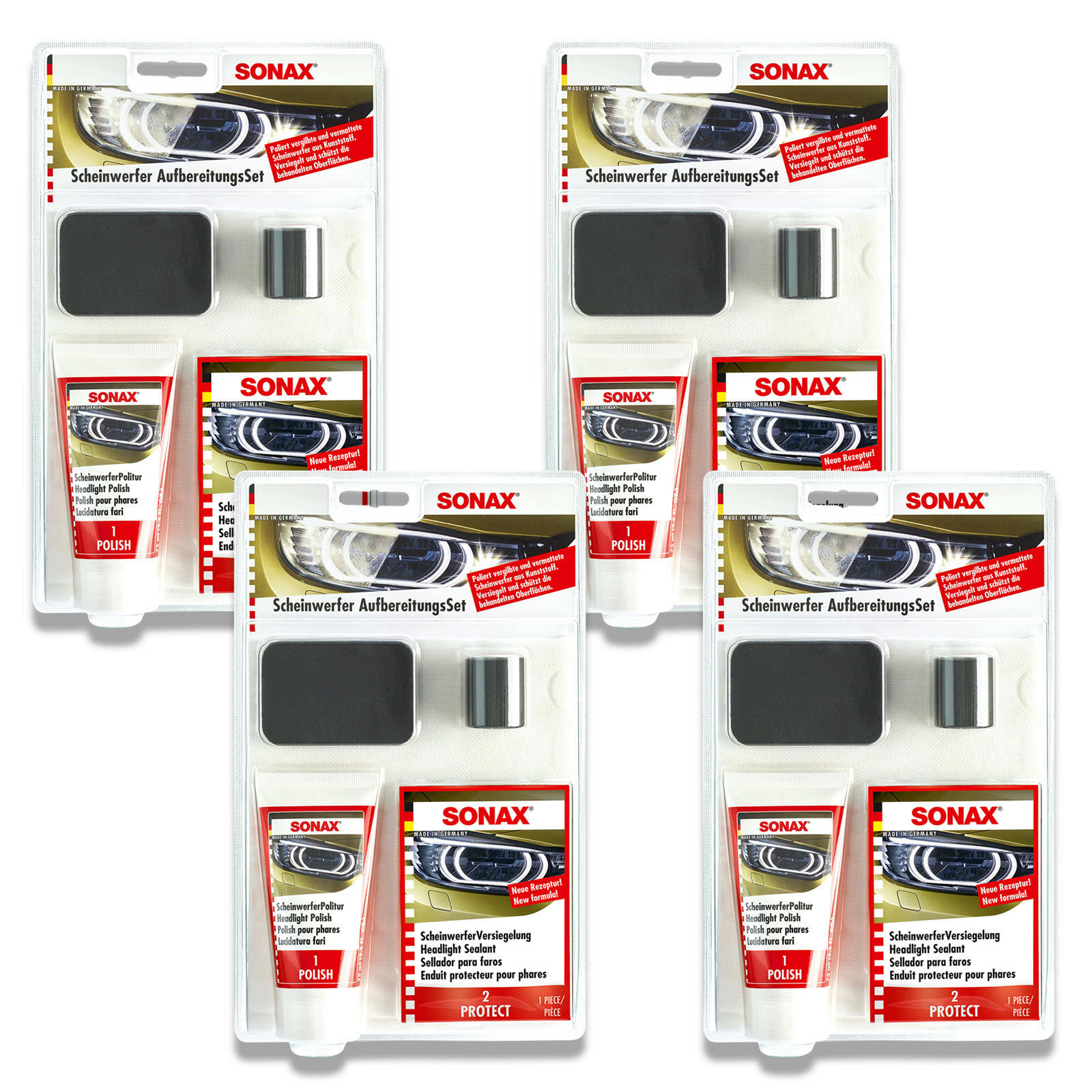 4x SONAX 04059410 Scheinwerfer Aufbereitungs Set Politur Versiegelung 89ml