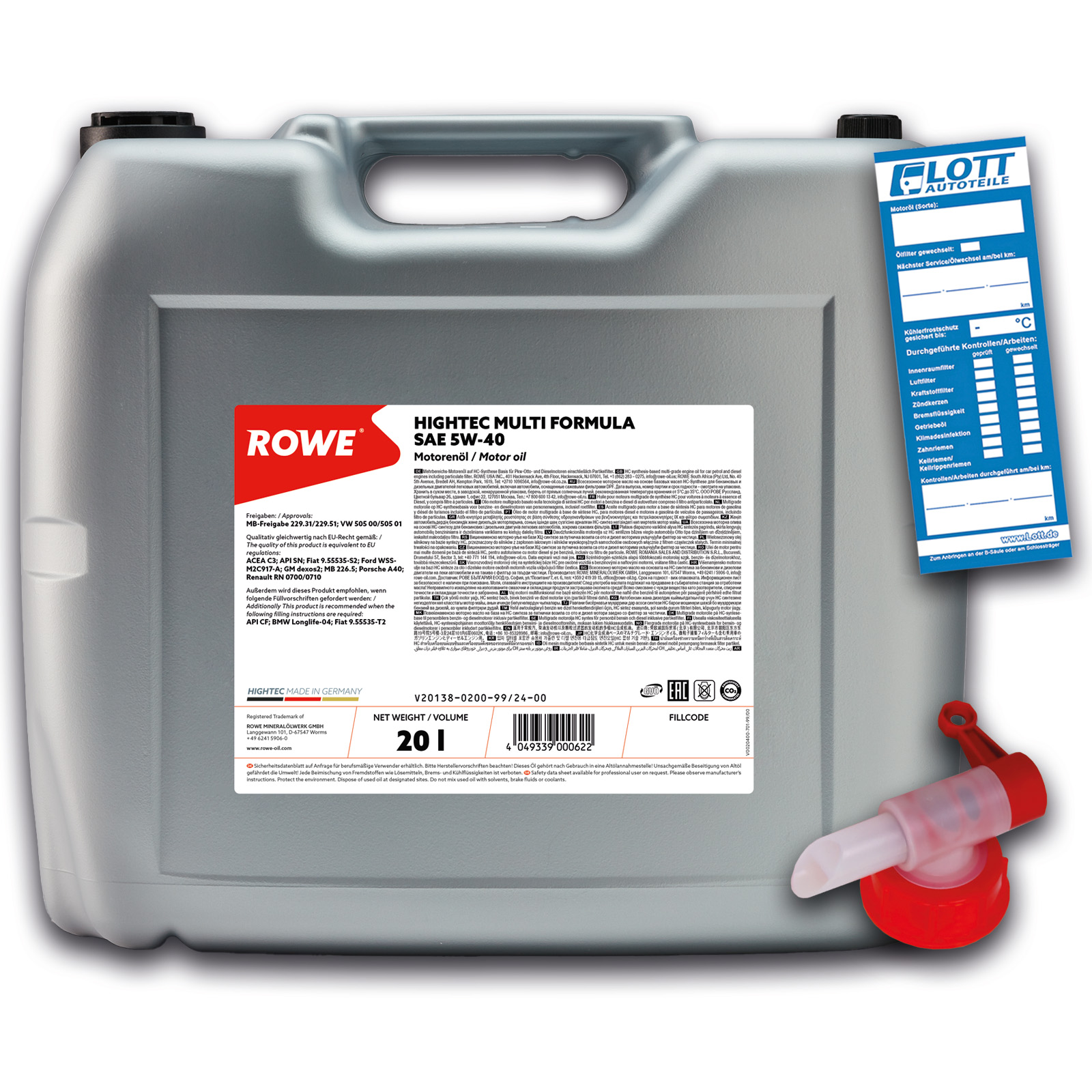 20L ROWE Motoröl Multi Formula 5W-40 MB 229.31 229.51 VW 505 00 505 01 + Hahn