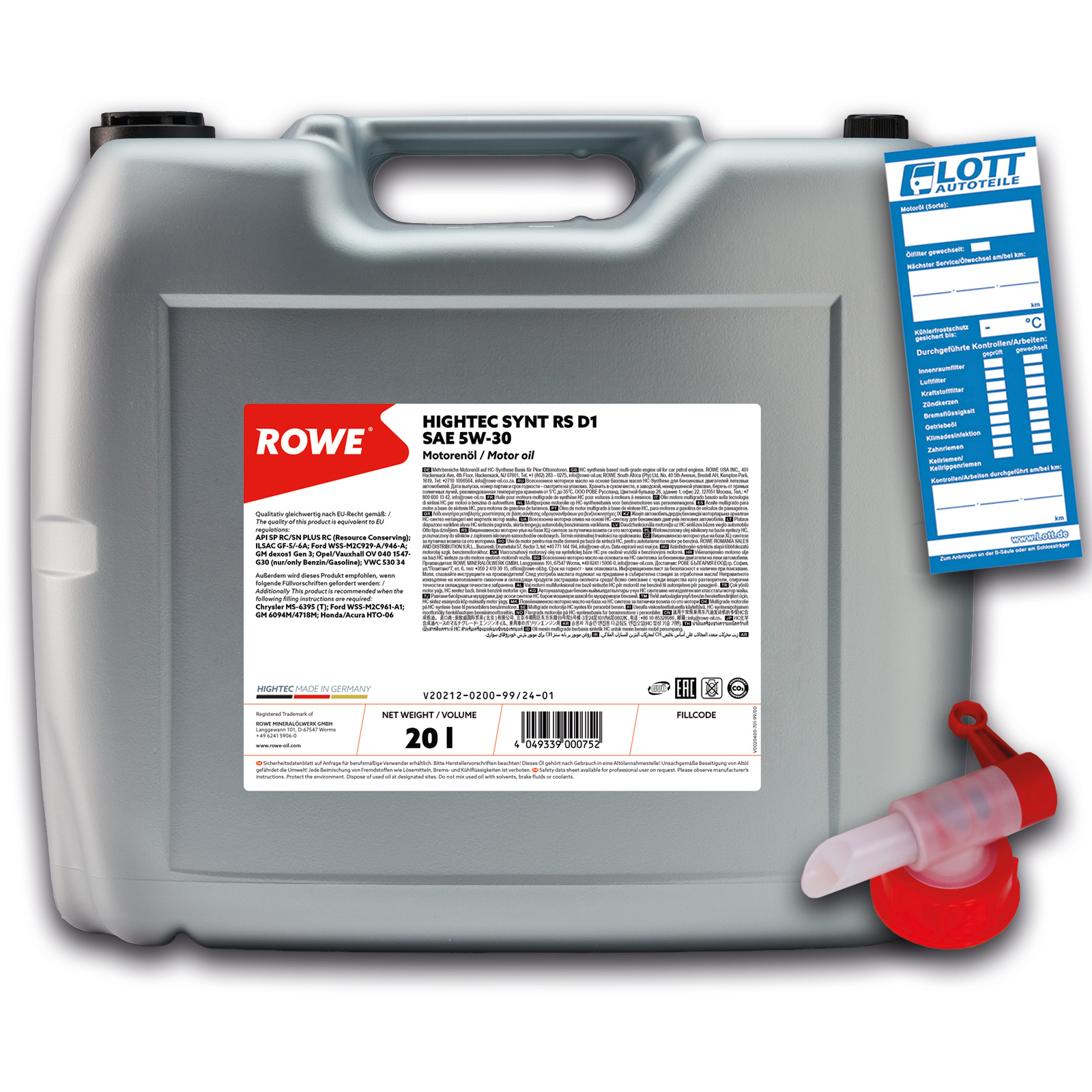 20L ROWE HIGHTEC SYNT RS D1 5W-30 Motoröl GM Dexos1 Gen 2 ILSAC GF-5/-6A + Hahn