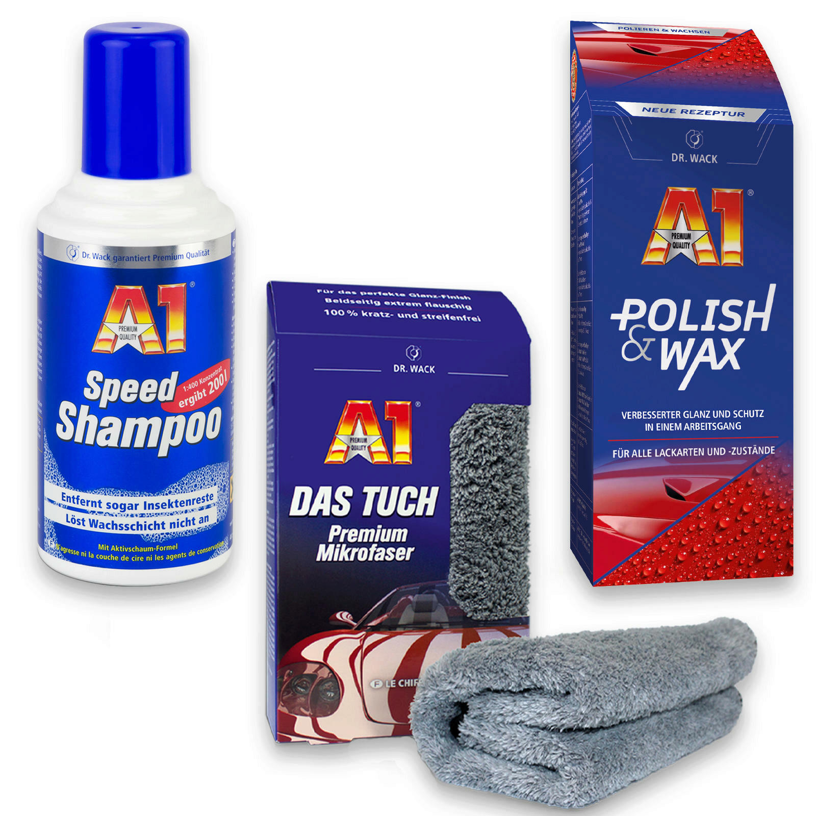 Dr.Wack Pflegeset A1 Speed Shampoo + A1 Polish & Wax Wachs Politur + Poliertuch