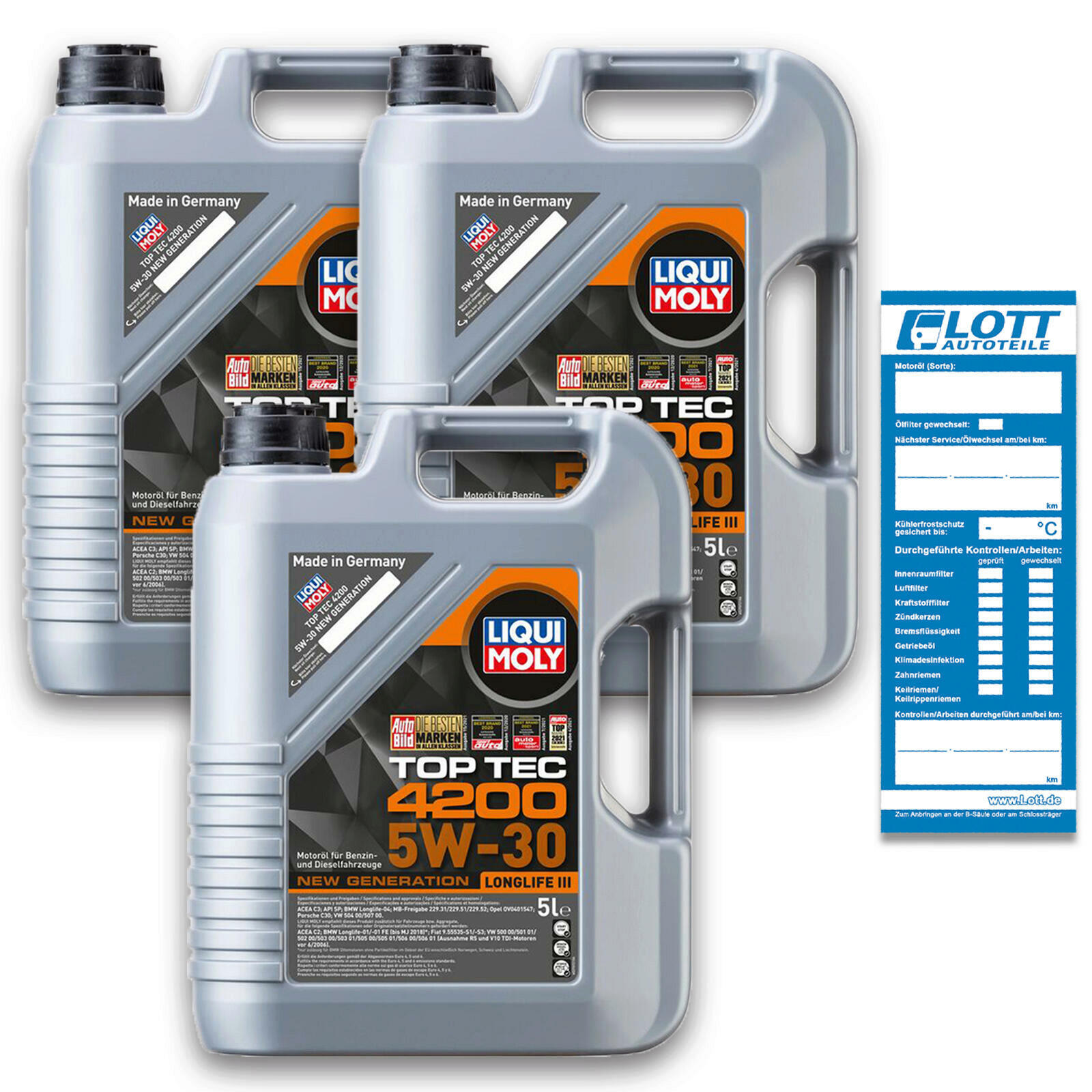 3x 5L LIQUI MOLY Top Tec 4200 Longlife 3 5W-30 5W30 Motoröl VW 504.00 50...