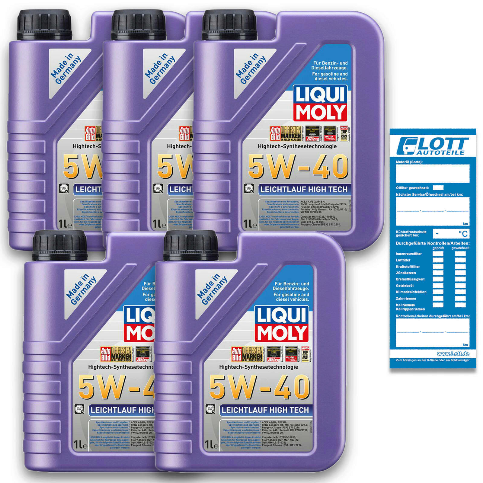 5x 1 Liter Liqui Moly Leichtlauf High Tech Motorenöl Motoröl 5W-40 ...