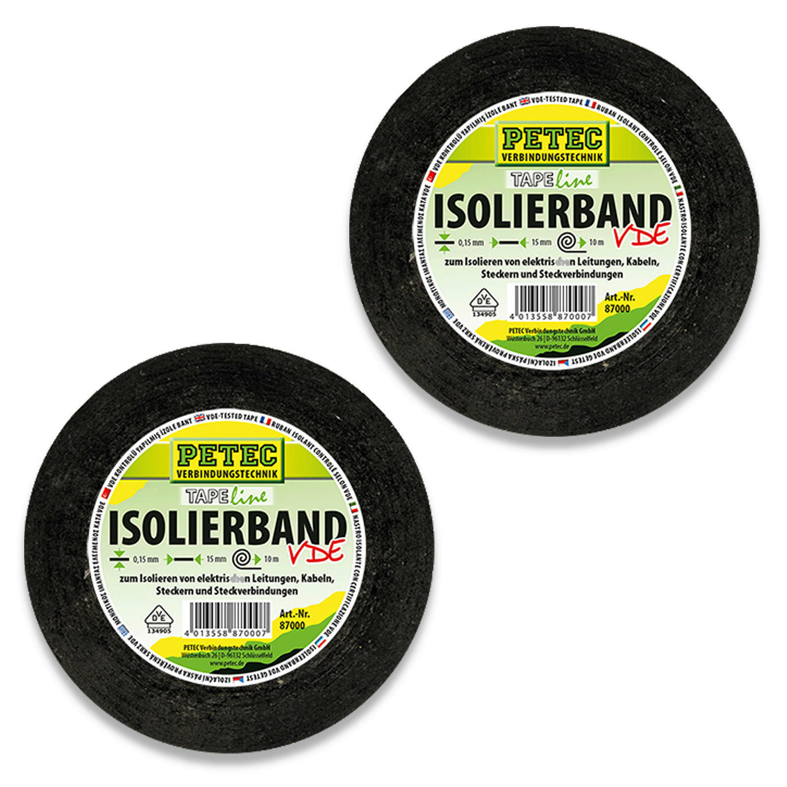 2x PETEC Isolierband 10m x 5mm schwarz Elektroklebeband Isolieren Kleben 87000