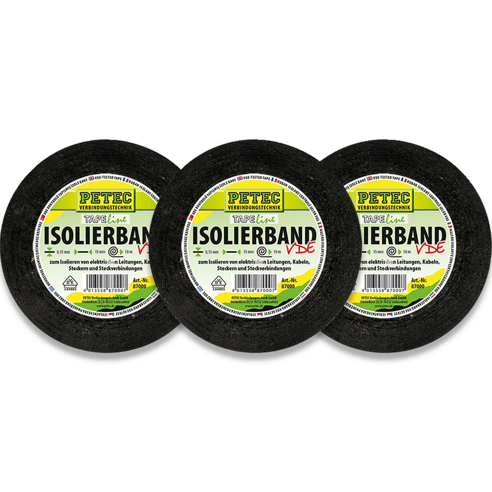 3x PETEC Isolierband 10m x 5mm schwarz Elektroklebeband Isolieren Kleben 87000