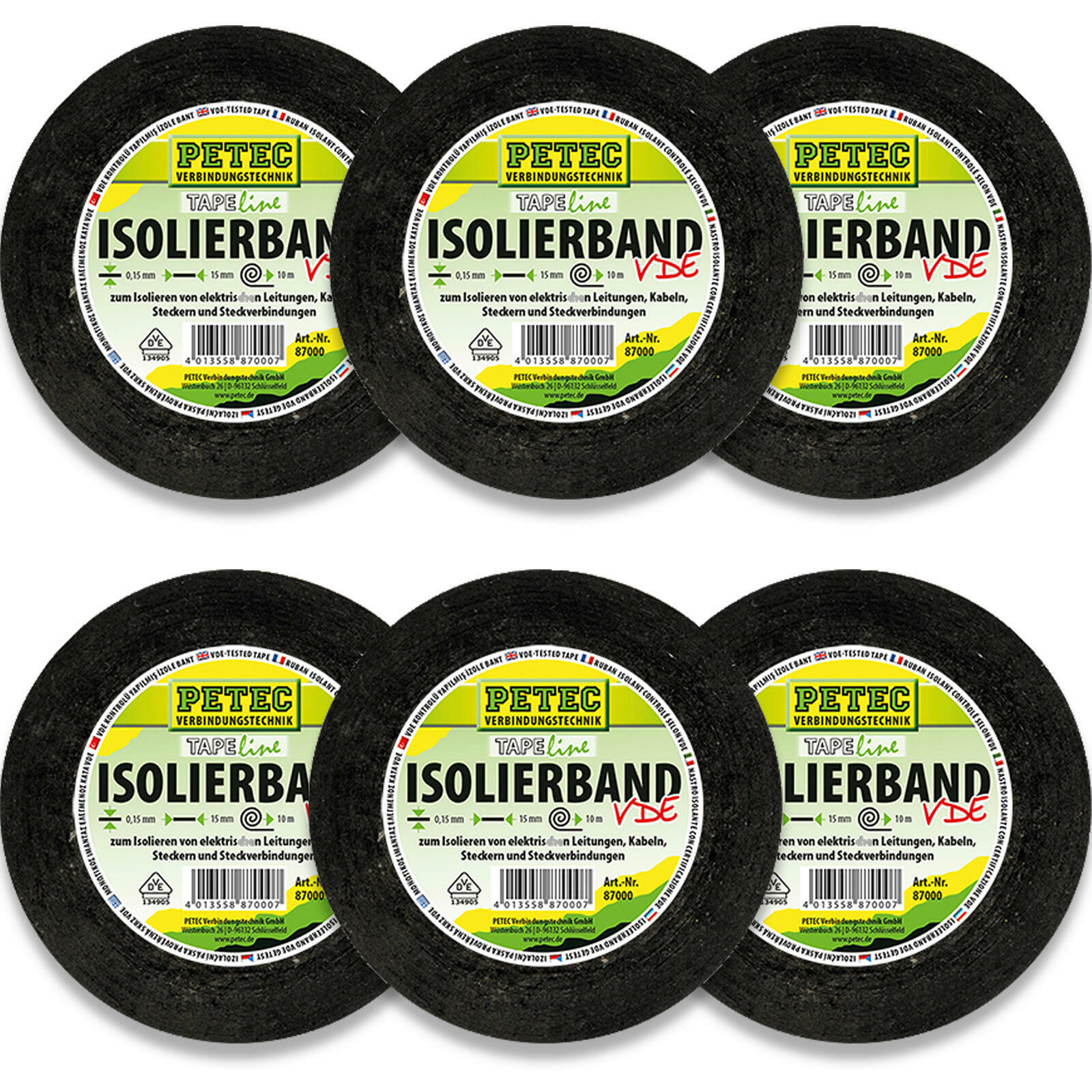 6x PETEC Isolierband 10m x 5mm schwarz Elektroklebeband Isolieren Kleben 87000