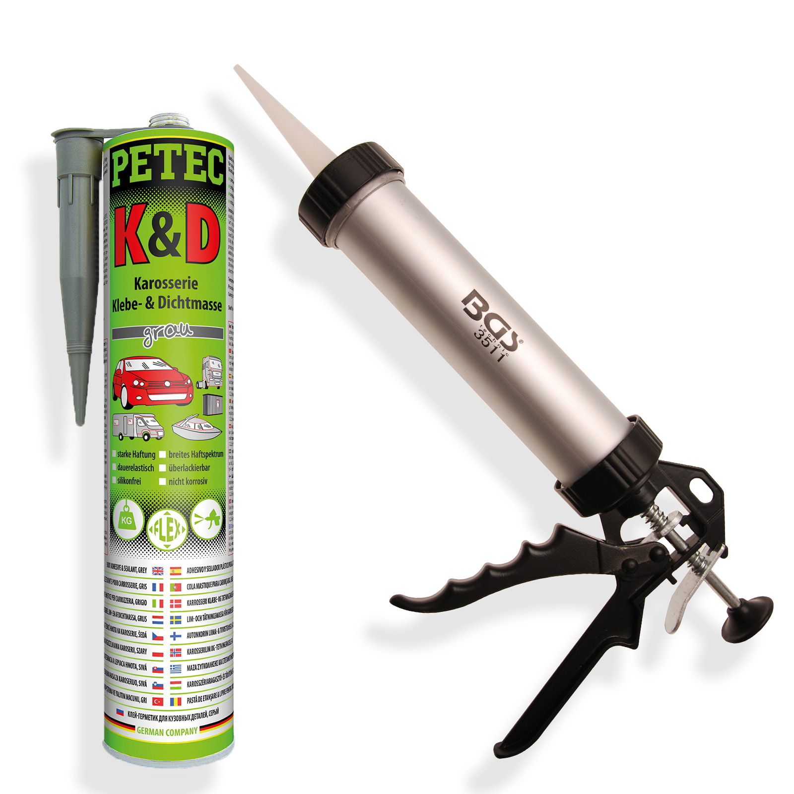 PETEC K&D Karosserie Klebe und Dichtmasse grau + BGS Aluminium Kartuschenpresse