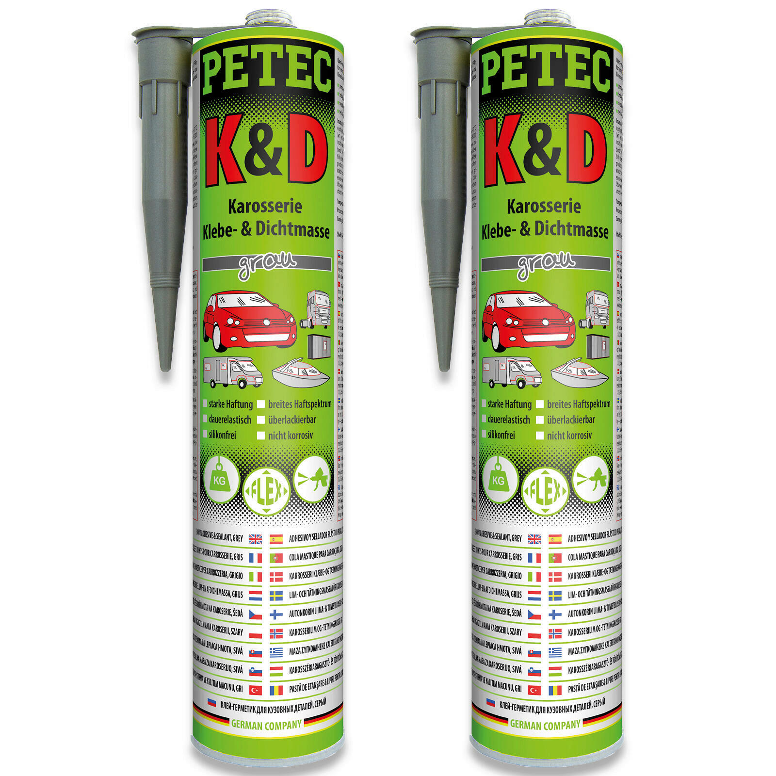 2x PETEC K&D Karosserie Klebe- und Dichtmasse grau 310ml Kleber Kartusche 94630