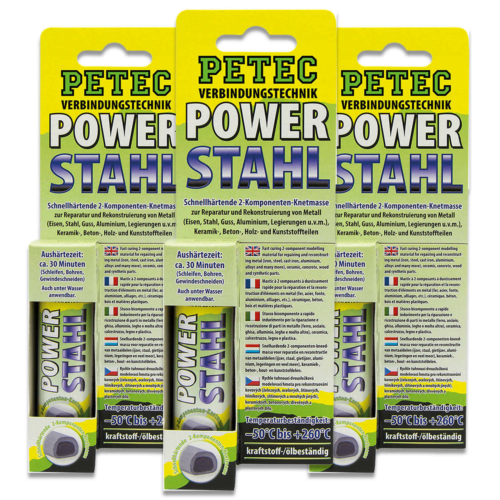 3x Petec 97450 Power Stahl 50 g 2 Komponenten Knetmasse Metallkleber Universal