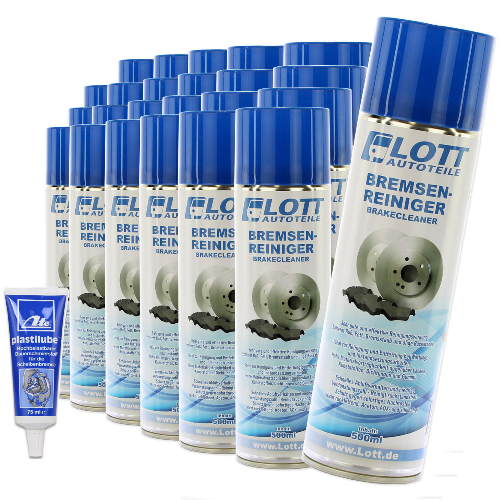 24x BREMSENREINIGER 500ml TEILEREINIGER SPRÜHDOSE ENTFETTER + ATE Plastilube 75ml