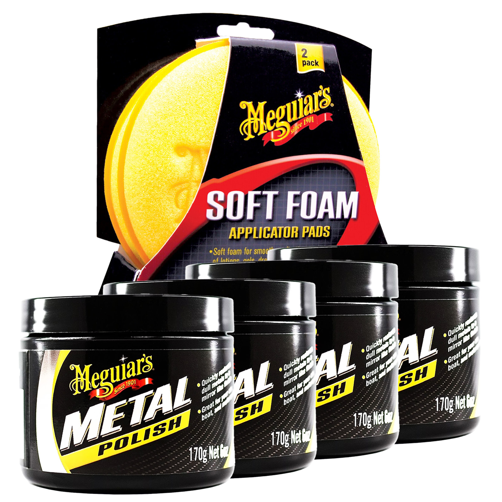 4x Meguiars Metal Polish 170g für alle Metalle + 2 Soft Foam Applicator Pads