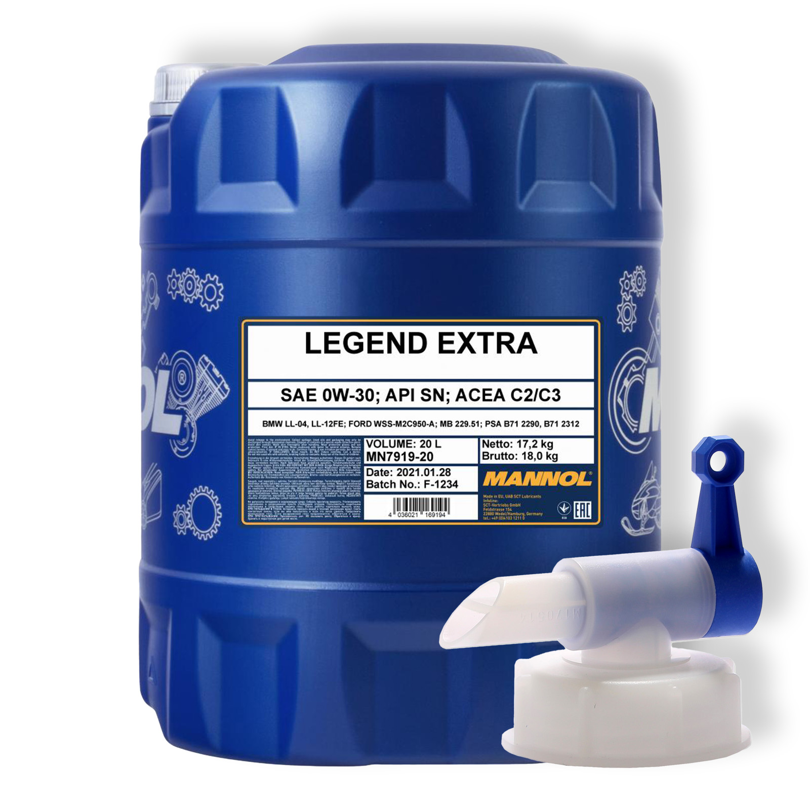 20L Mannol Legend Extra Motoröl 0W30 ACEA C2/C3 passend für BMW LL-04 MB 229.51 Auslaufhahn