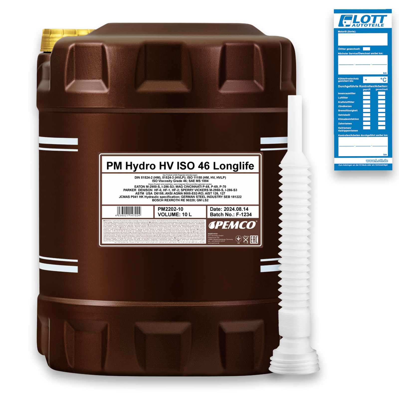 10L PEMCO Hydro HV ISO 46 Hydraulik&ouml;l SAE MS 1004 DIN 51524-2 (HM) + Schlauch