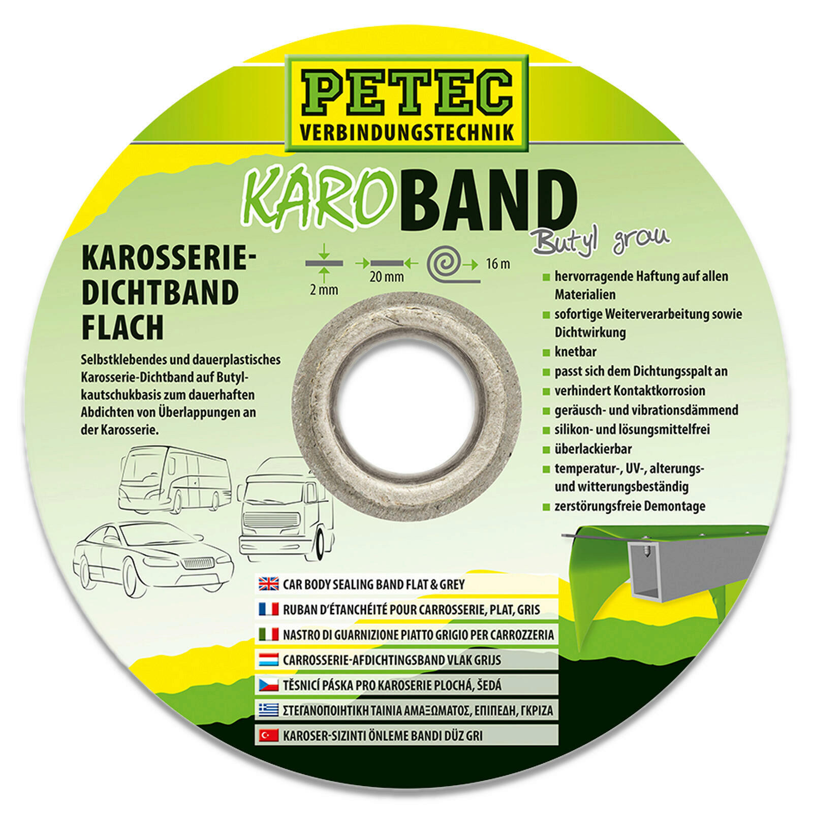 16m Petec 87520 KARO Band Dichtband Knetmasse Karosseriedichtband 2 mm x 20 mm