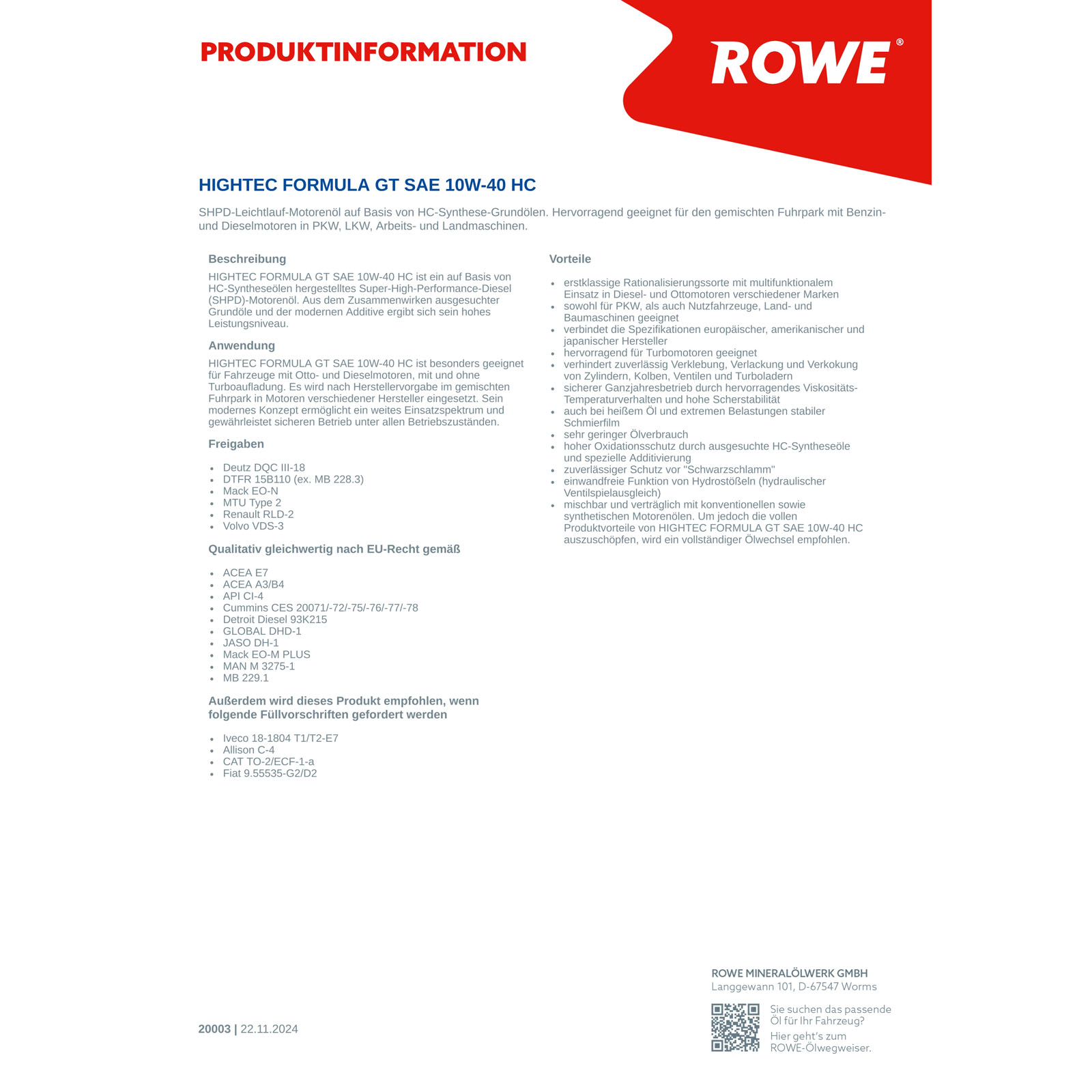 5L ROWE HIGHTEC FORMULA GT 10W-40 HC Motoröl