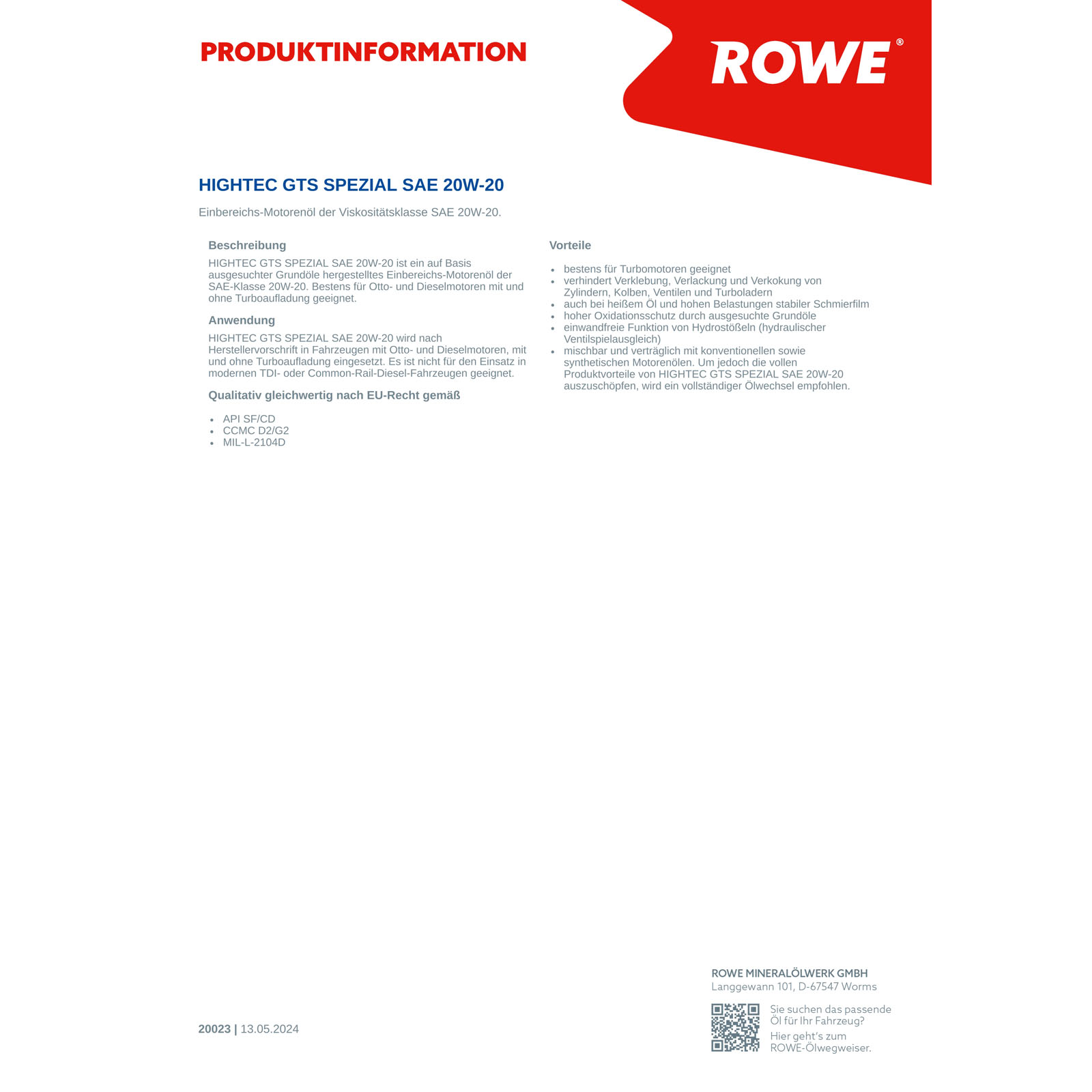 2x 1L ROWE Motoröl HIGHTEC GTS SPEZIAL SAE 20W-20 20023-0010-99