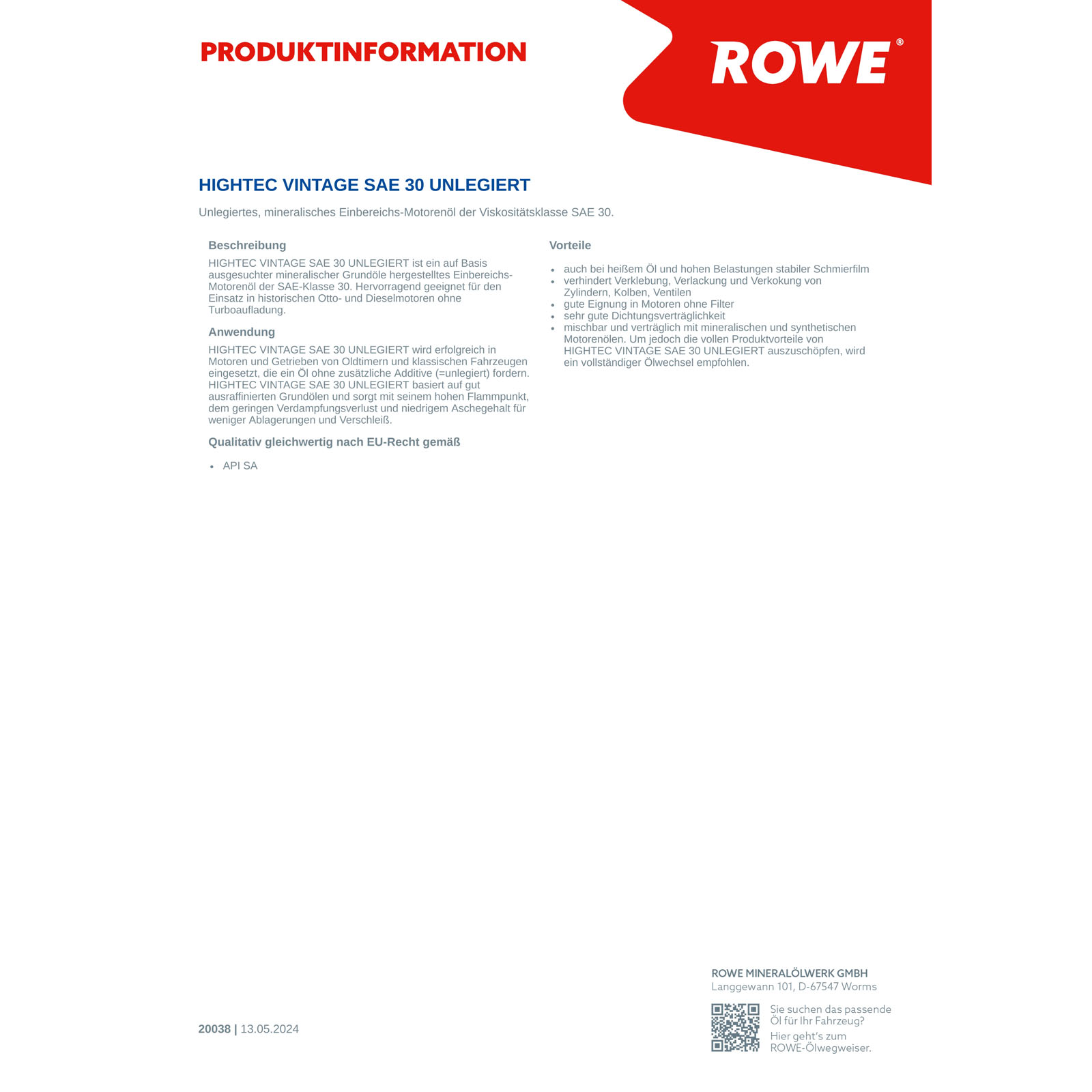 5L ROWE SAE 30 Vintage Motoröl
