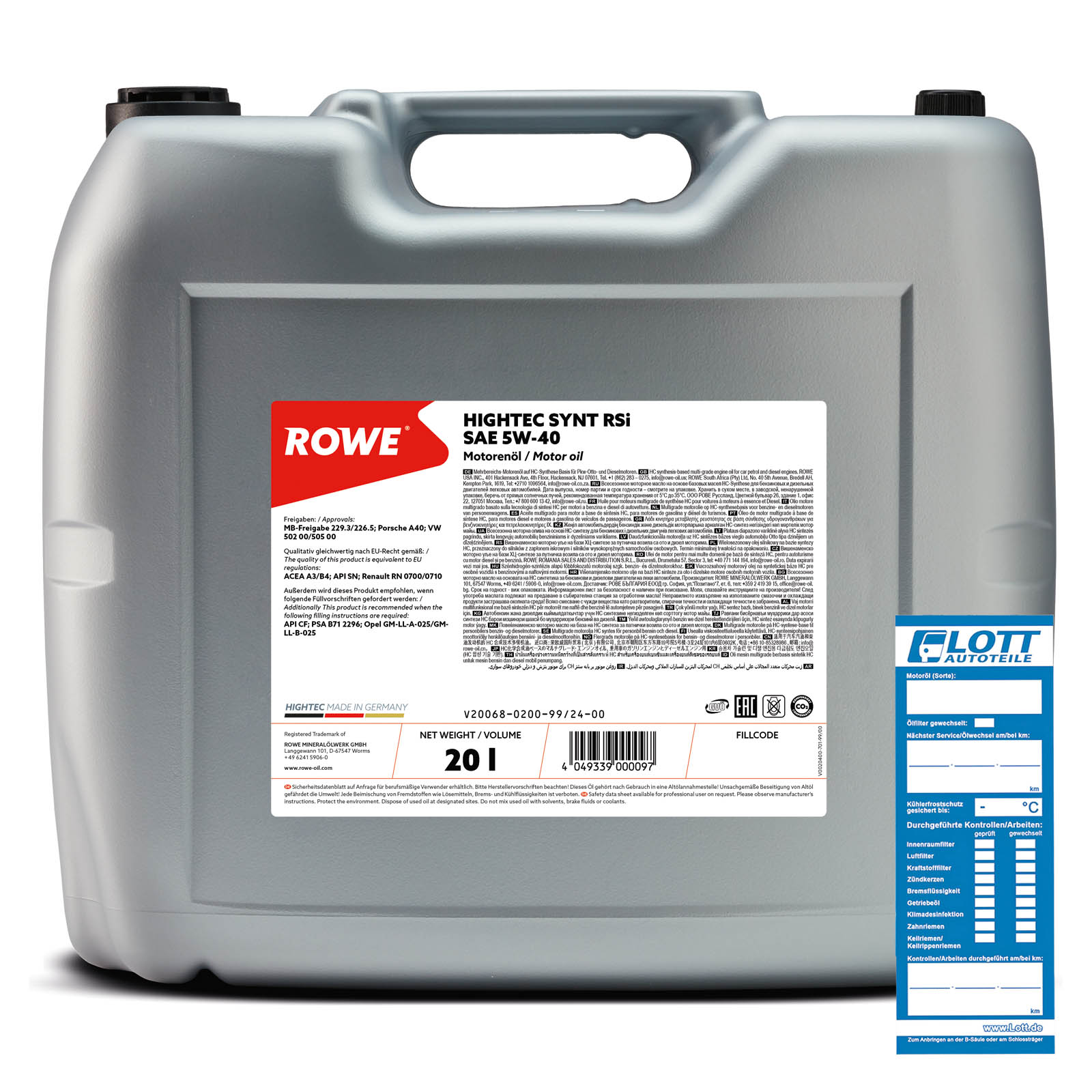 20L ROWE Motoröl Hightec Synt RSi 5W-40 MB 229.3 226.5 VW 502 00 505 00 Porsche