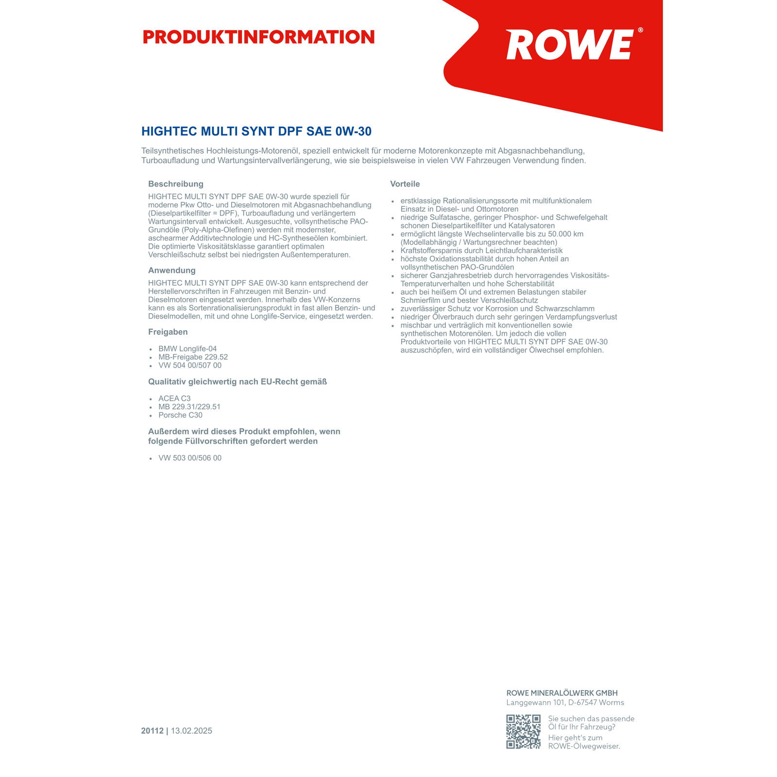 ROWE Motoröl 5L Liter HIGHTEC MULTI SYNT DPF SAE 0W-30